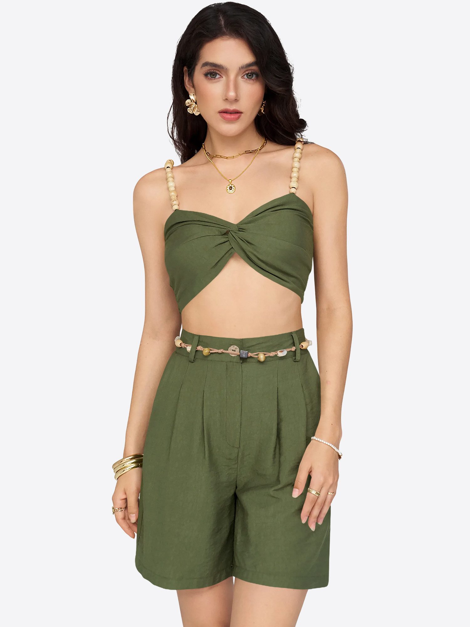 Imily Bela Hausanzug Damen 2-teiliges Freizeit-Set mit Leinen-Optik und Perlen-Trägern (Set, 2 tlg., Trägertop + Shorts) Eingrifftaschen