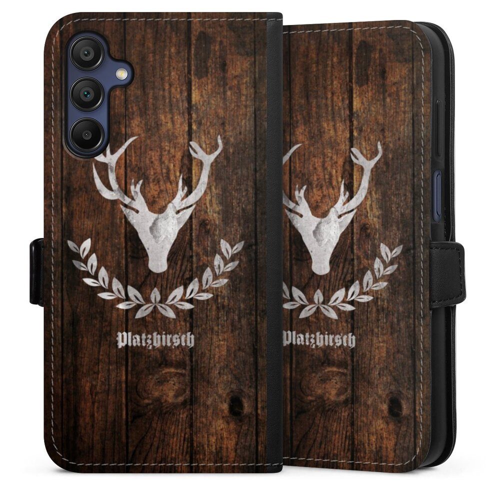 DeinDesign Handyhülle Hirsch Holzoptik Holz Platzhirsch, Samsung Galaxy A15 5G Hülle Handy Flip Case Wallet Cover