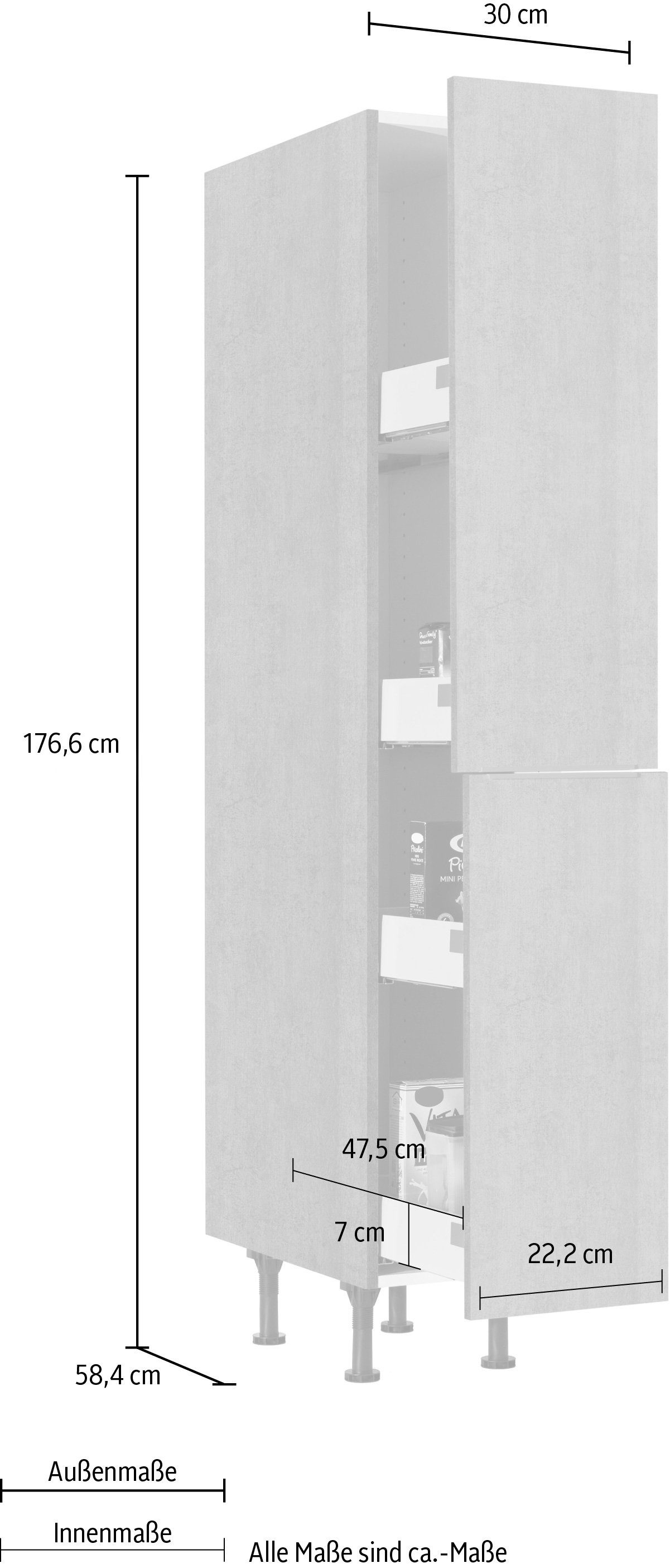 Apothekerschrank betonfarben 30 Ablagen, cm Breite betonfarben Tara Vollauszügen 4 2 mit Soft-Close-Funktion, | und OPTIFIT