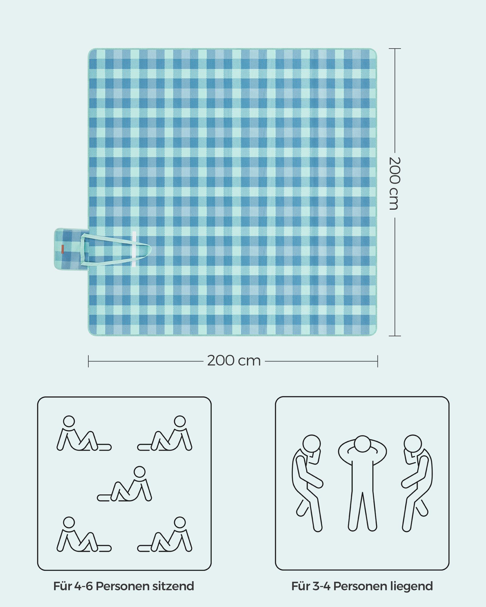 Picknickdecke 200 x 200 cm, mit 4 Erdankern, Campingdecke, für Park, Garten, Strand, SONGMICS, groß, wasserdicht, maschinenwaschbar, faltbar, grün-blau