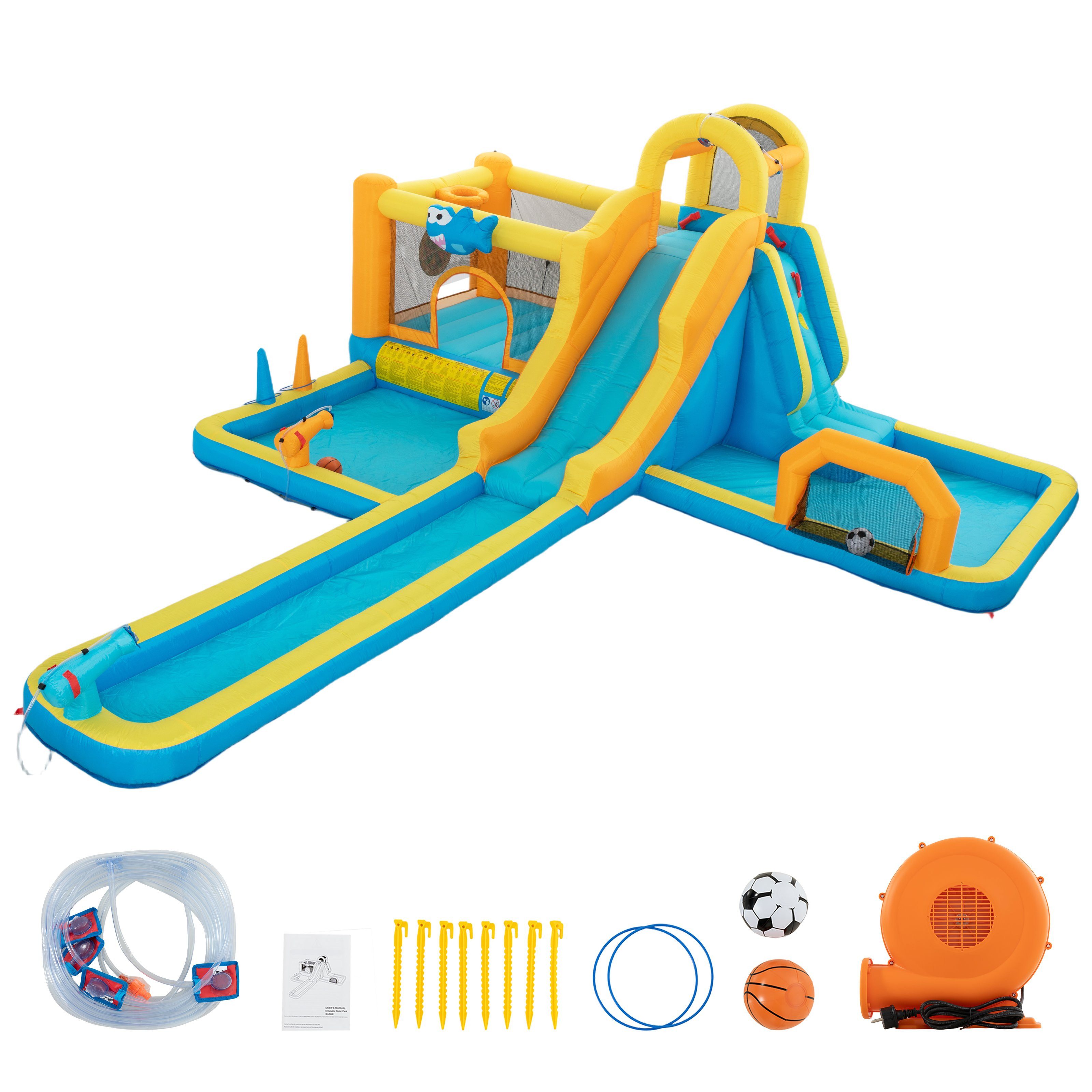 UEV Hüpfburg mit Gebläse Groß Aufblasbare Wasserpark Springburg 590x502x220cm, (XXL für Kinder von 3-10 Jahre, mit Kletterwand Sicherheitsnetz Kindergeburtstag), für Indoor und Outdoor lange Wasserrutsche Springen