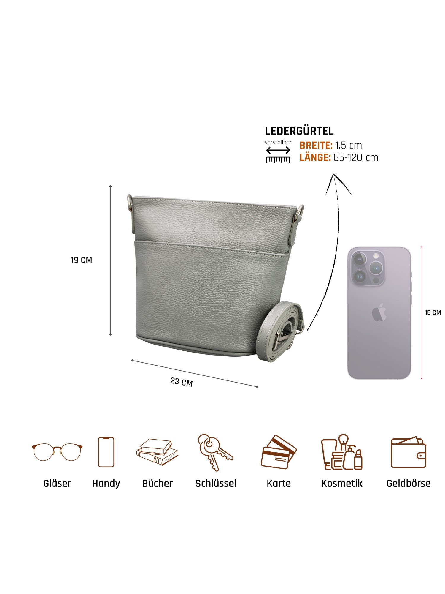 Adel Bags Schultertasche LINA Umhängetasche für Damen, Schultertasche Echtleder Gürteltasche
