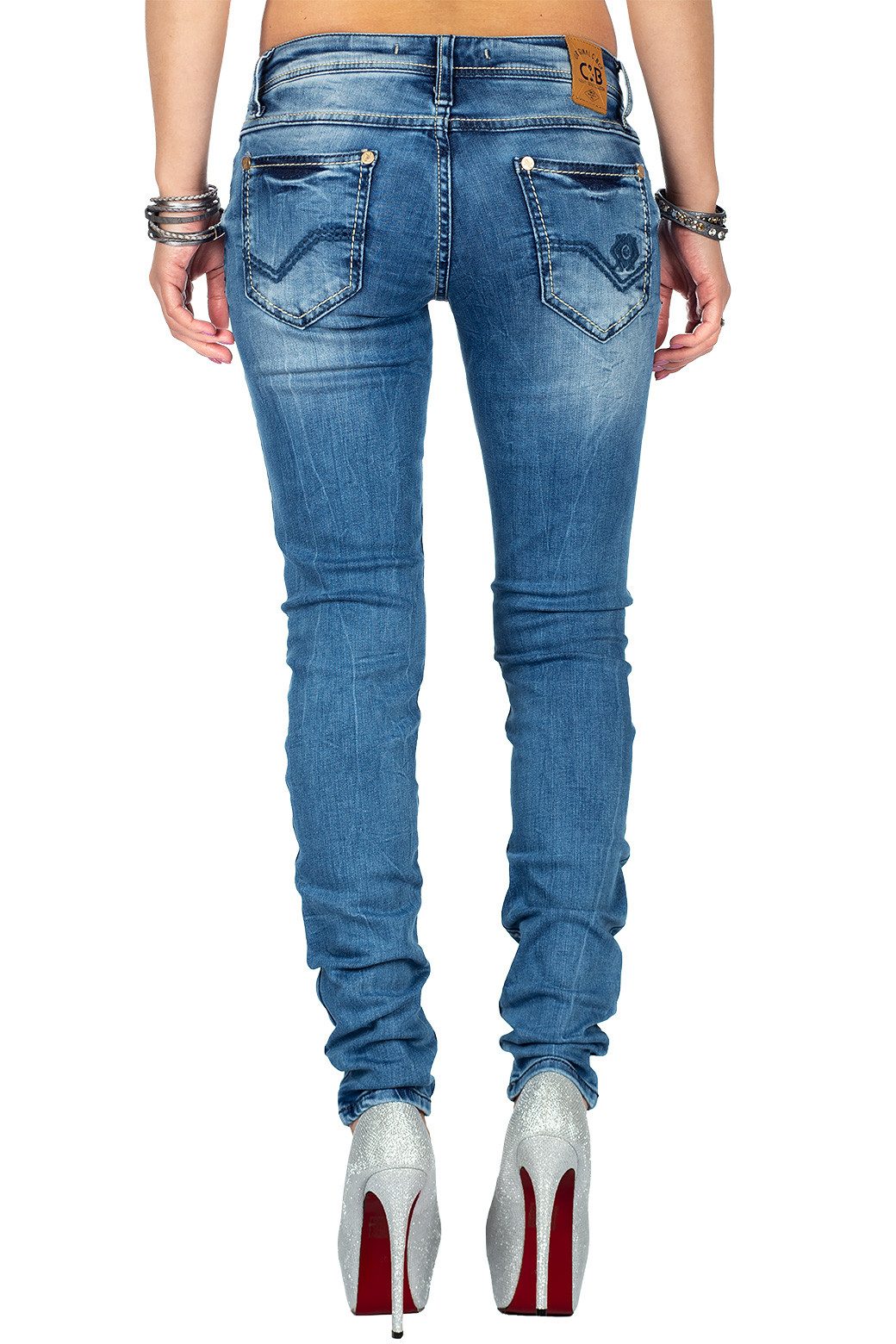 Cipo & Baxx Slim-fit-Jeans Damen Slim Fit Hose Stonewashed BA-WD344 Rosegoldene Knöpfe – Bild 2 von 5