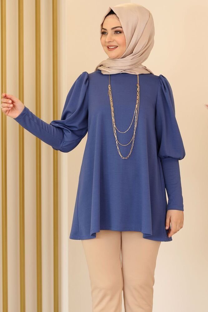 Modavitrini Tunika Damen Tunika Blau Fashion lange Indigo Tunika Tunika Modest Hijab Longtunika