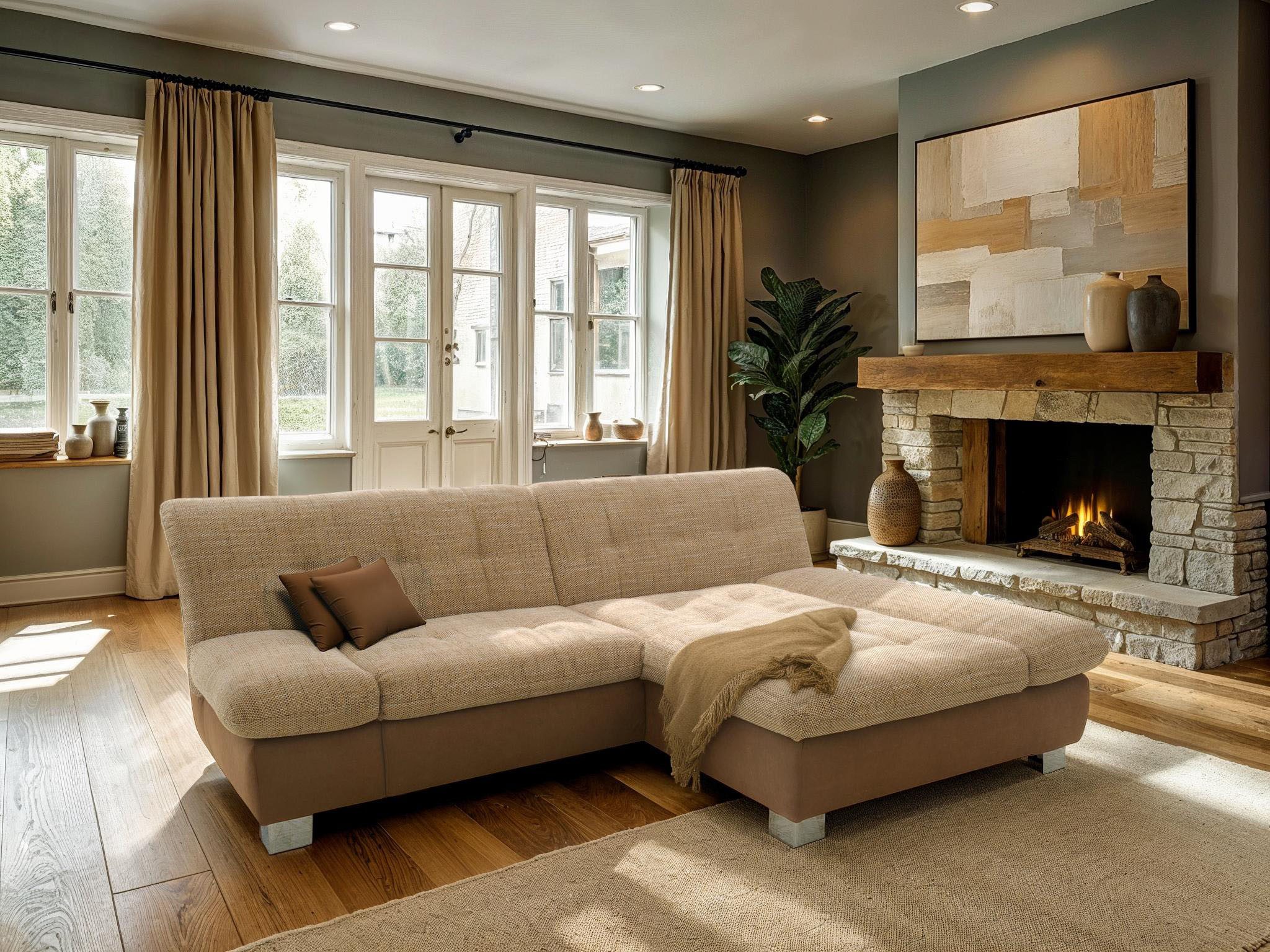 DOMO collection Ecksofa 100031 kompakte Stellmaße, komfortabel und bequem, L-Form, wahlweise mit Bettfunktion und Armteilverstellung. Breite 234 cm