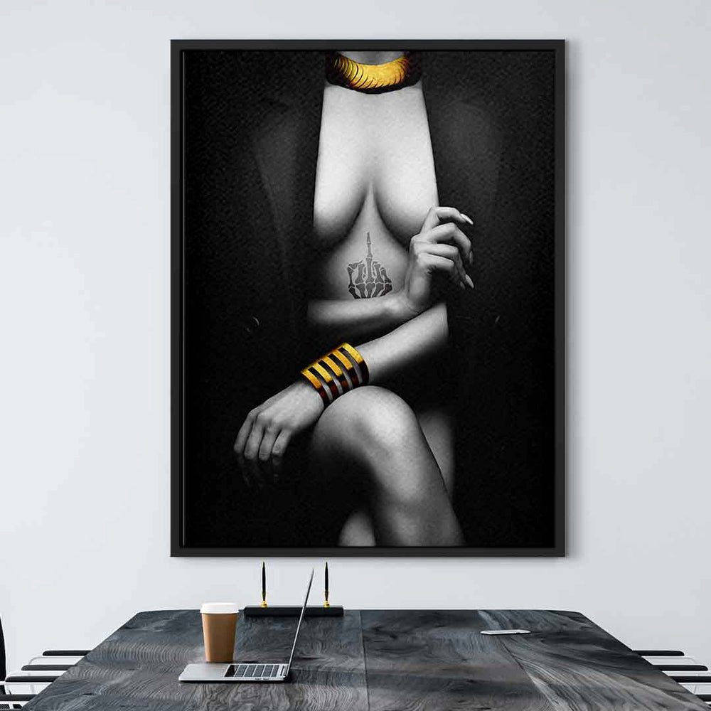 DOTCOMCANVAS® Leinwandbild, Leinwand Elegant Pose Rahmen gold premiu Erotik goldener Frau mit grau schwarz elegant