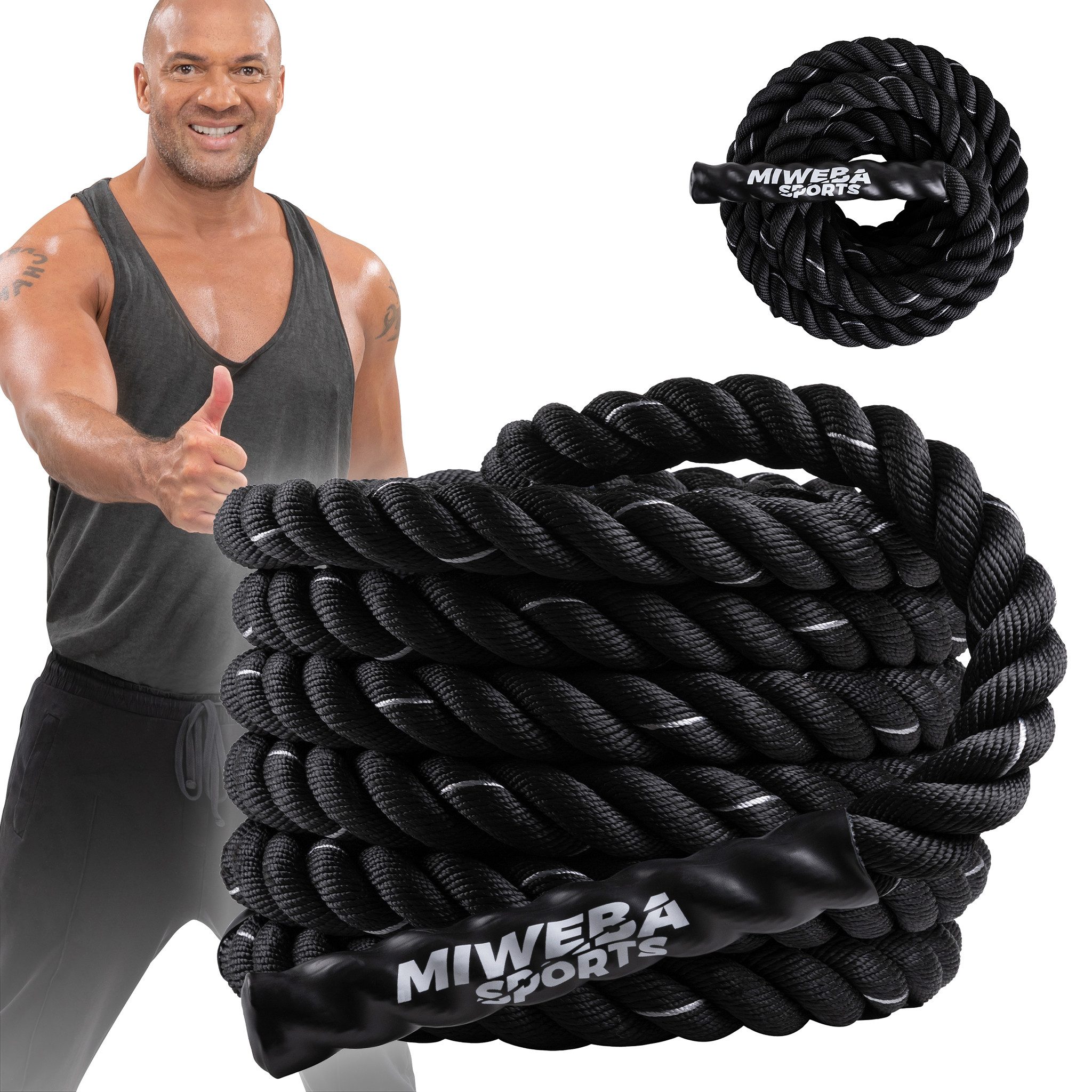 Miweba Sports Sport Rope BR100, 3-Strang Twisted Design Battle Rope (38 mm, 9 m / 12 m, Fitnessband, Workout, Schlagseil für Muskelaufbau, Übungsseil, Ganzkörpertraining, 1-tlg., Anti-Rutsch Griffe - gelenkschonend - In- und Outdoor - langlebig), Schwungseil Trainingsseil - Fitness Rope Kraftsport Sport Seil