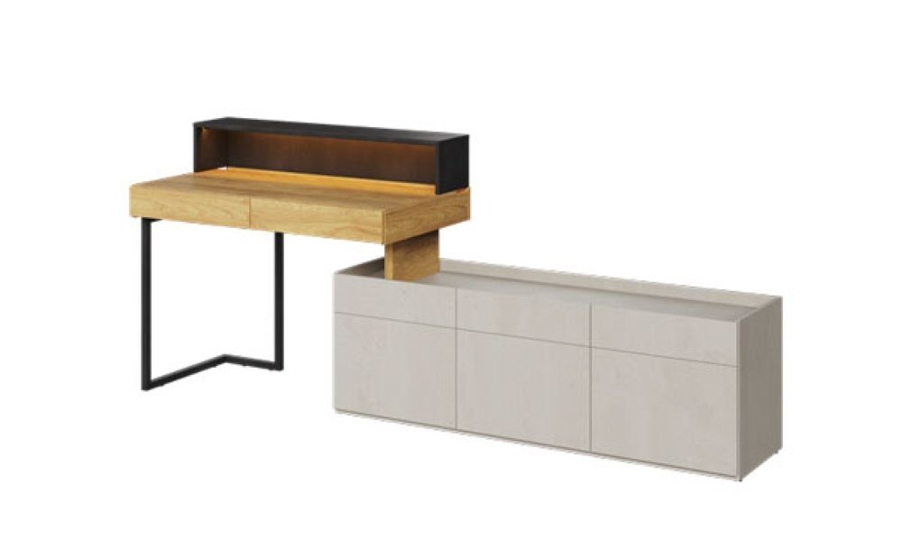 Feldmann-Wohnen Hickory Raw Teen betonfarben Natur Flex, Steel Schreibtisch 3-teilig