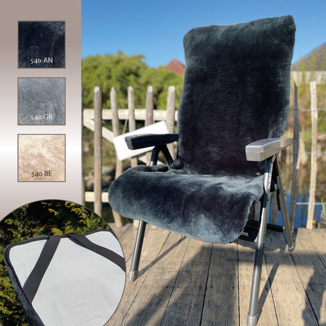 Überwurf Lammfell-Auflage für Garten- und Campingstühle, Sitzauflage, Heitmann Felle, geschorenes Lammfell, warm & kuschelig, perfekt für Garten und Camping