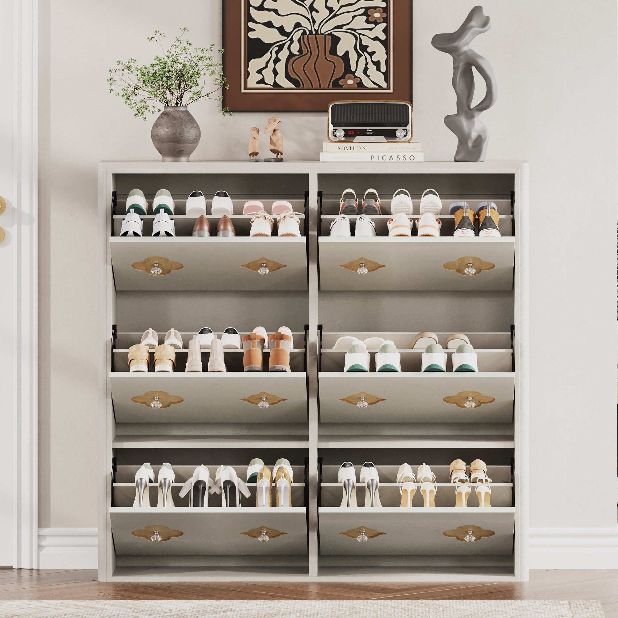 GarveeMore Schuhschrank Freistehend mit 4/6 Klappfächer Diamantgriff versteckt (1-St) mit Blumenmuster für 12 bis 36 Paar – Bild 3 von 5