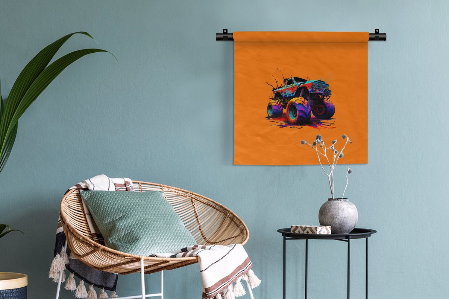 MuchoWow Wanddekoobjekt Monstertruck - Kleid, Kinderzimmer Wohnzimmer, Wandbehang, - für Farbe Neon Orange, Schlafzimmer, - Wanddeko