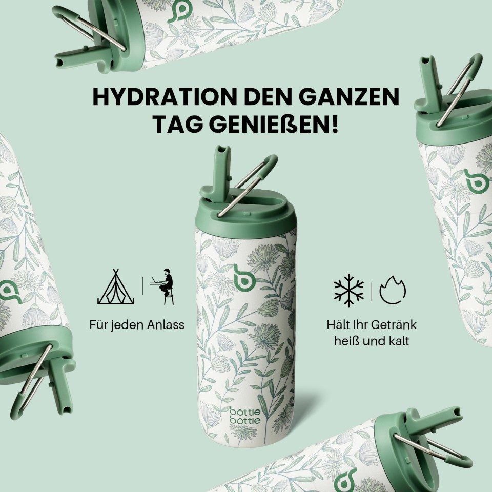 BOTTLE BOTTLE Trinkflasche Edelstahl Trinkflasche mit Strohhalm 500ml, auslaufsichere Sportwasserflasche, ideal für Schule, Büro und Ausflüge
