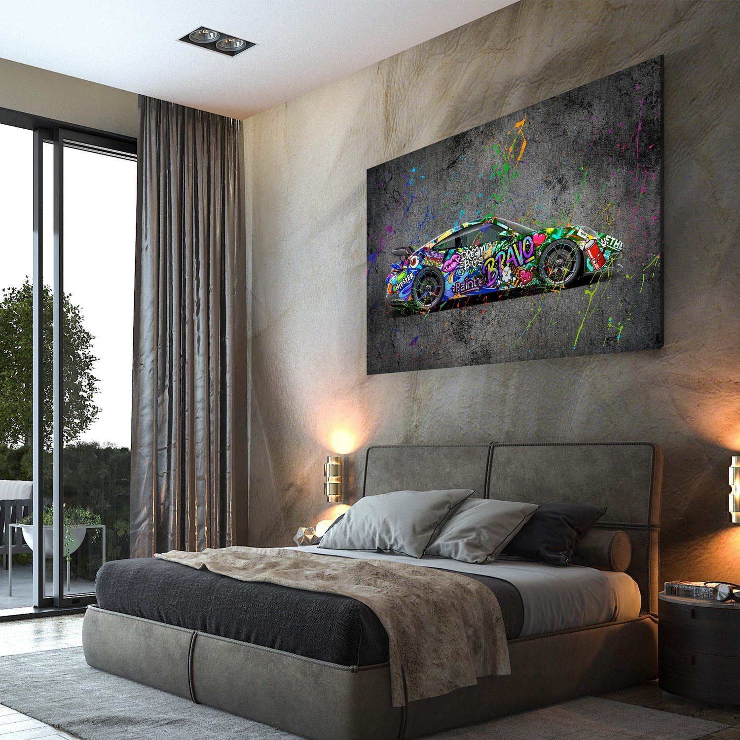 Artedinoi Leinwandbild Auto Sportwagen Street Art Graffiti Leinwandbild Wandbild XL Deko, Sportwagen im Graffiti-Look