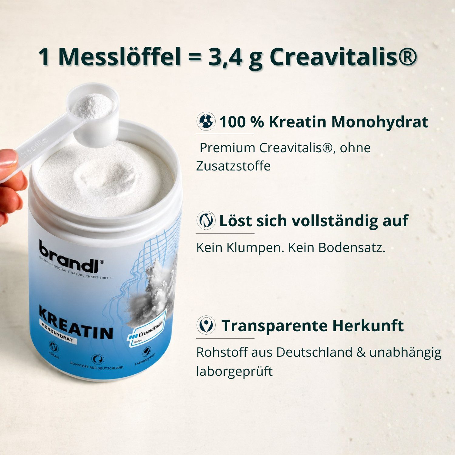 Brandl Nutrition Kreatin Monohydrat - Rohstoff aus Deutschland Pulver, 300 g, unabhänging laborgeprüft & ohne Zusatzstoffe, Kreatinpulver
