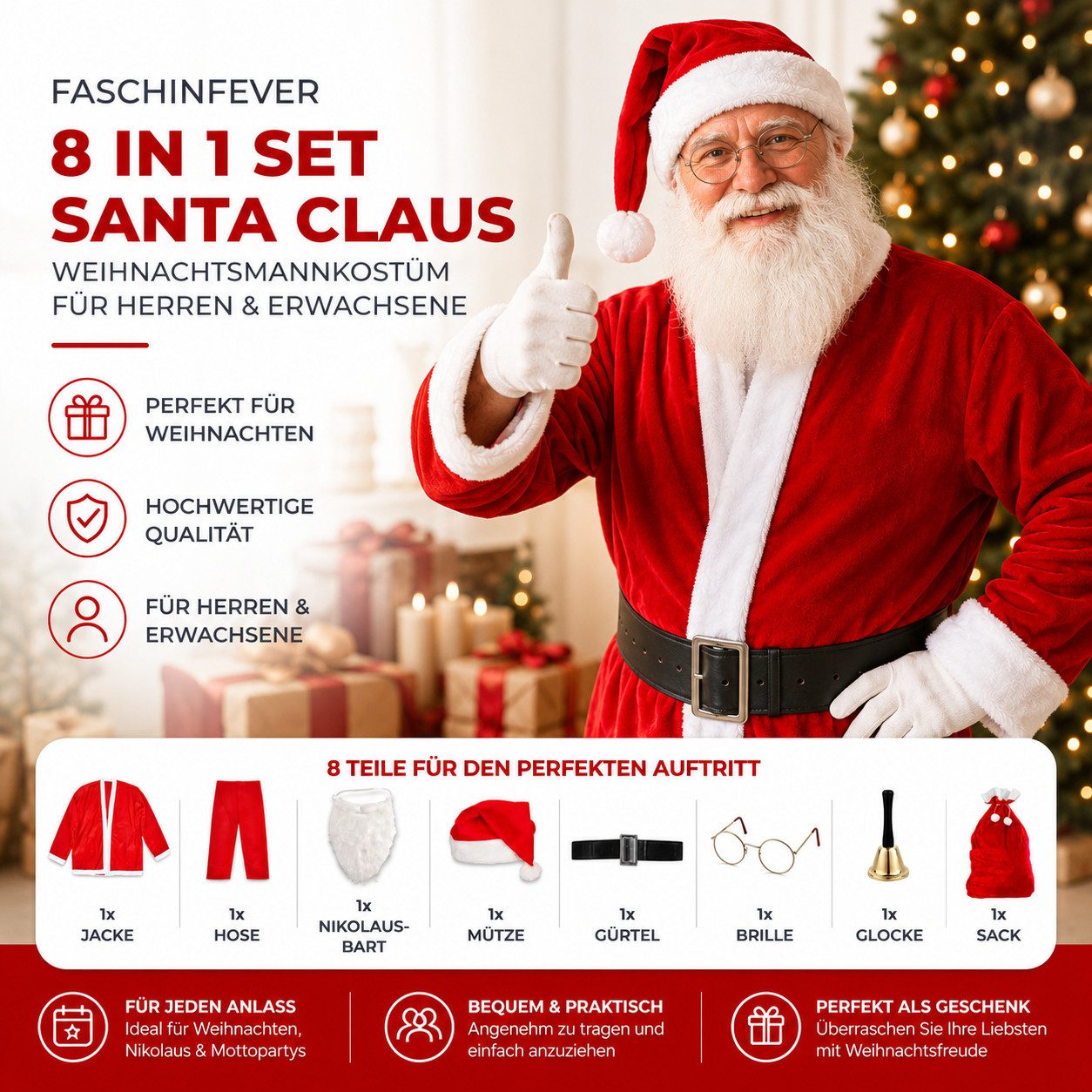 FASCHINFEVER Kostüm 8 in 1 Set Santa Claus - Weihnachtsmannkostüm & Nikolauskostüm