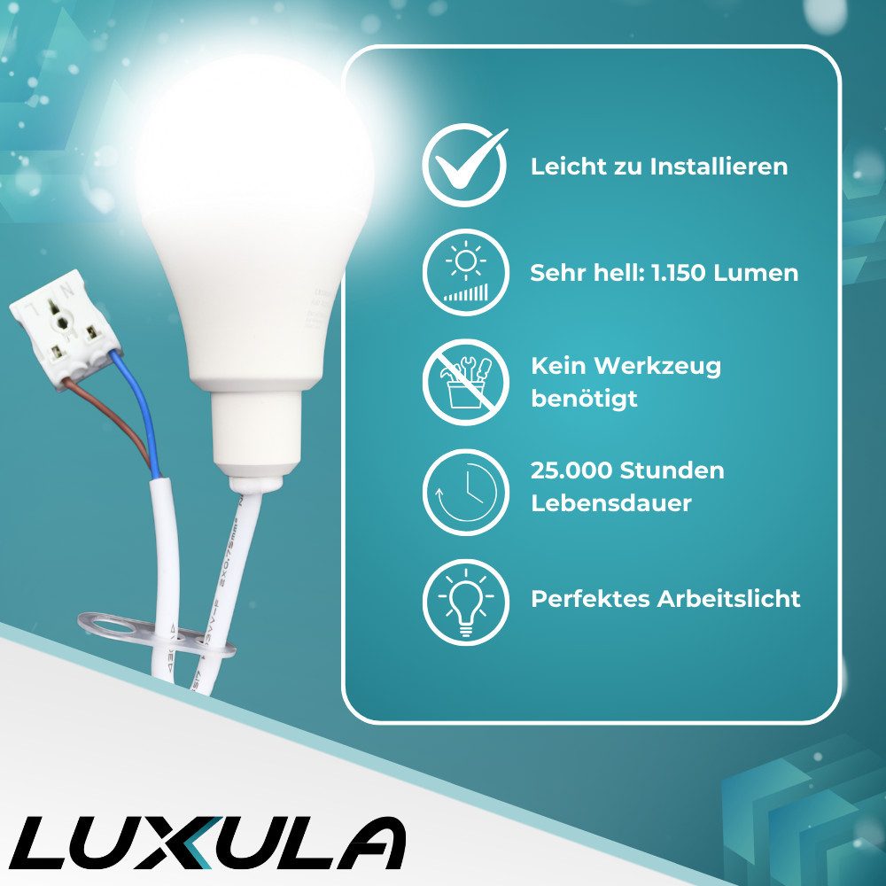 LUXULA LED-Leuchtmittel LED Renovierungslampe, 11W, 1150lm, 4000K, mit Kabel und Klemme, E27, 4000K Neutralweiß, 11W Baustellenlampe Weiß