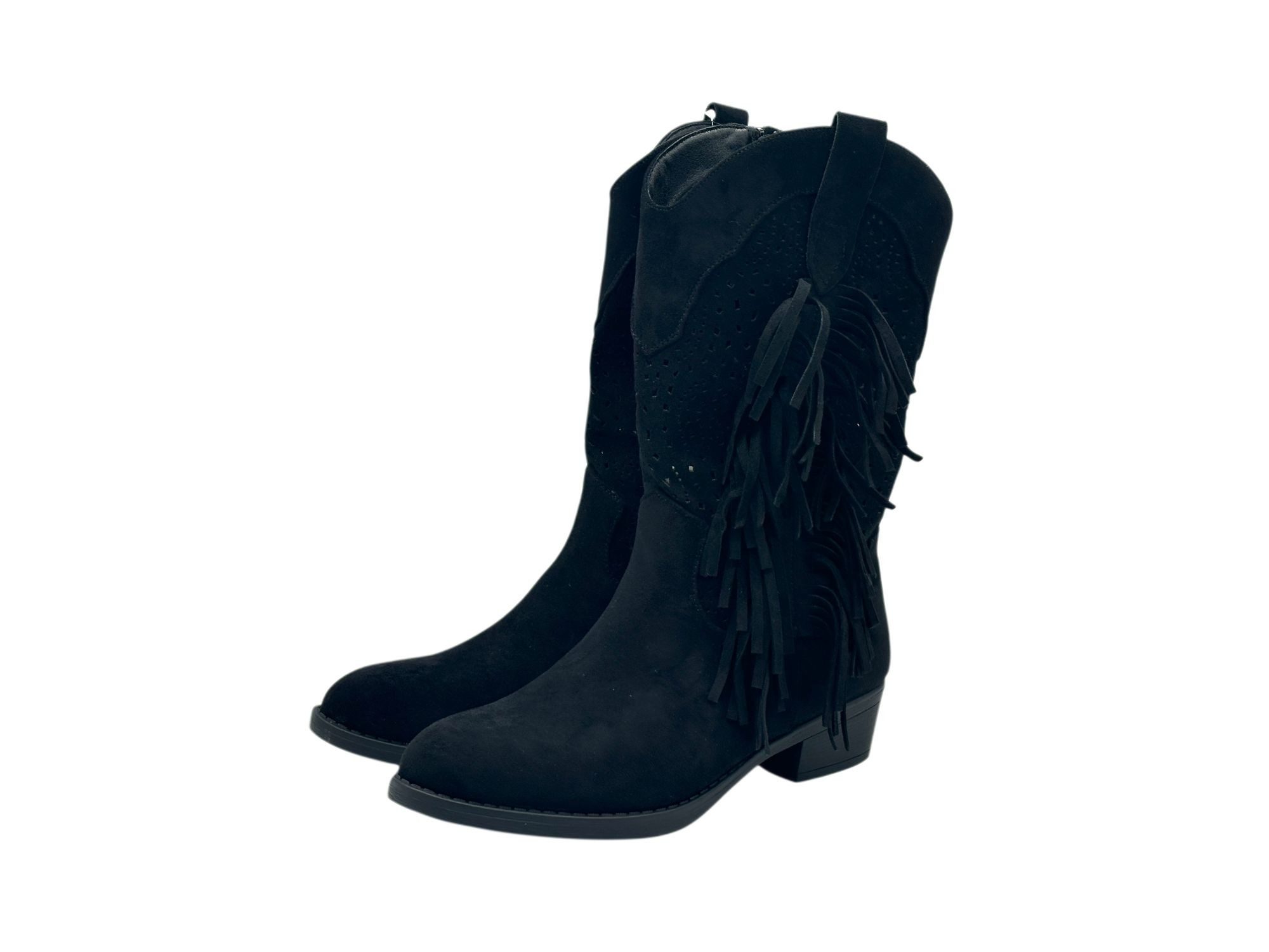 Nowaland Damen Western Stiefelette mit Fransen und Lochmuster Stiefelette Weiche Veloursleder-Optik mit stabilem Blockabsatz – Bild 4 von 5