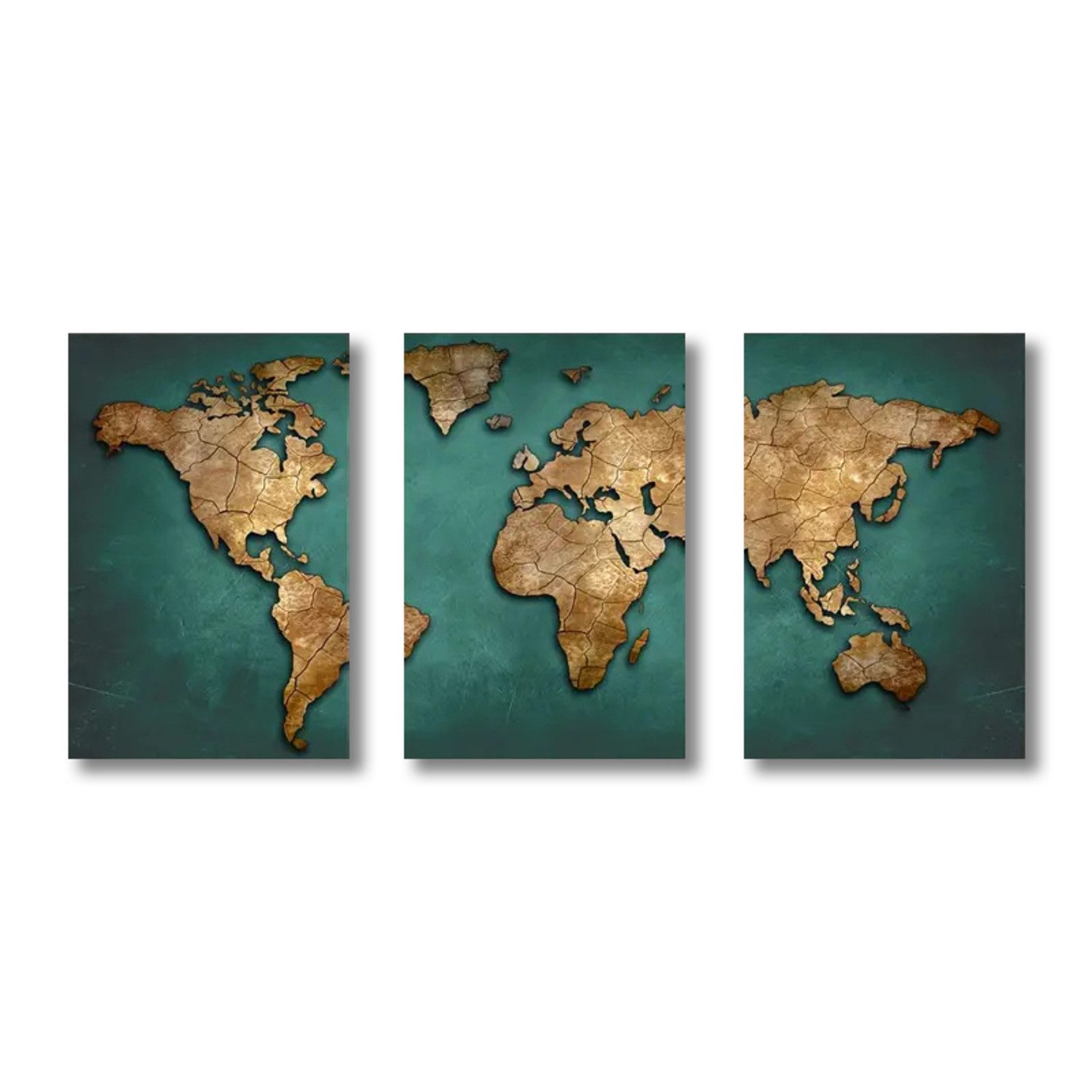 TPFLiving Kunstdruck OHNE RAHMEN, 3er Set - Weltkarte - (Leinwandbild XXL), Farben: Farben: Grün, gold, schwarz - Größe: 20x30cm