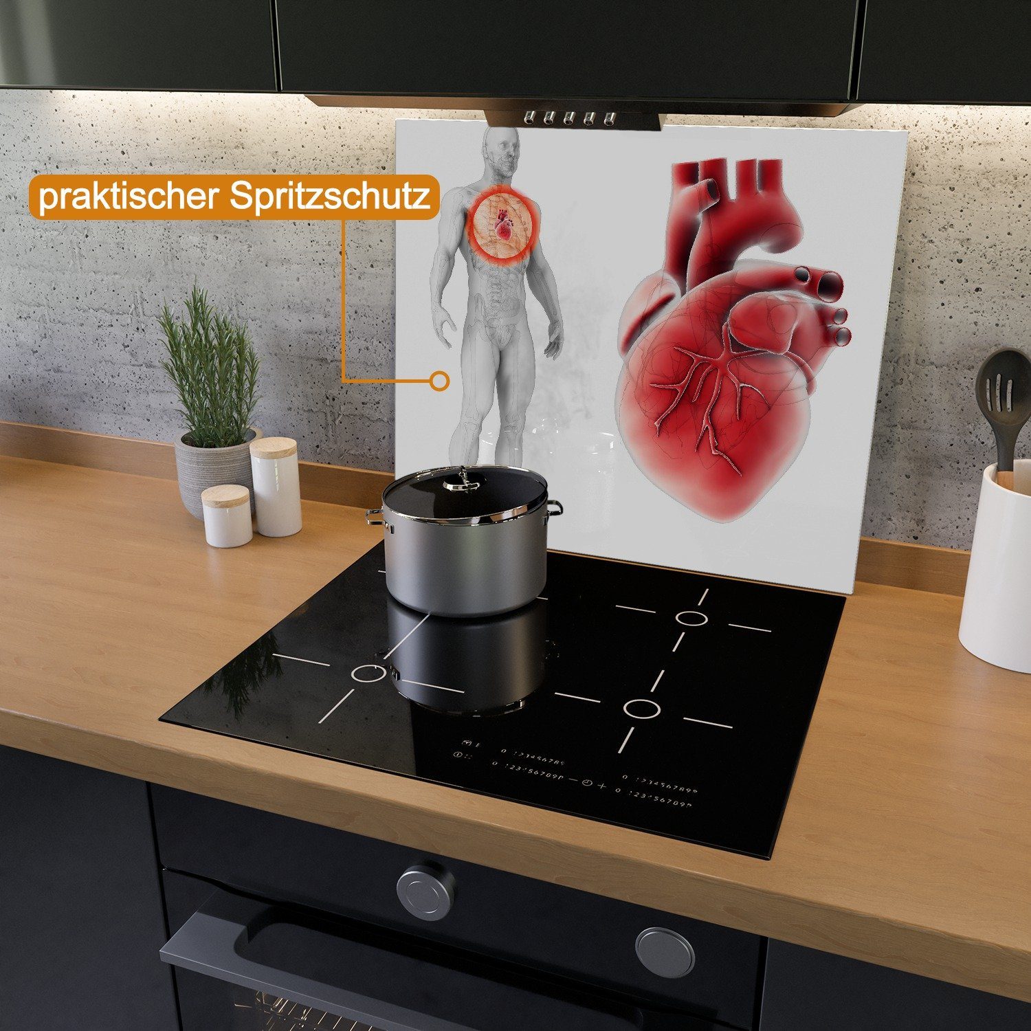 ESG-Sicherheitsglas, Menschen 5mm Herz tlg., (Glasplatte, verschiedene Größen inkl. Noppen), des Wallario  Herd-Abdeckplatte Nahansicht, Anatomie in 1