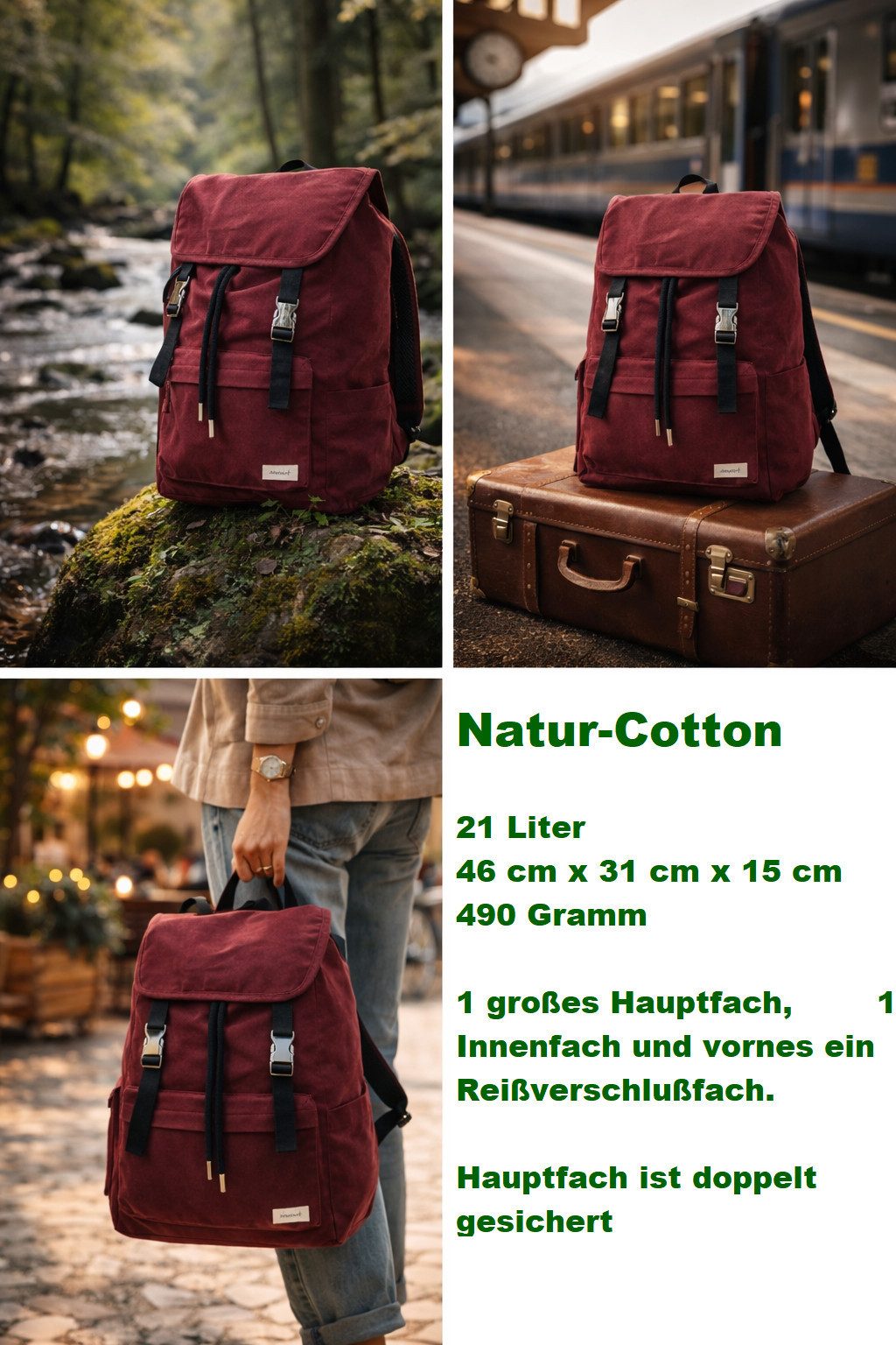forvert Tagesrucksack Cityrucksack Schulrucksack 21 Liter Natur Cotton