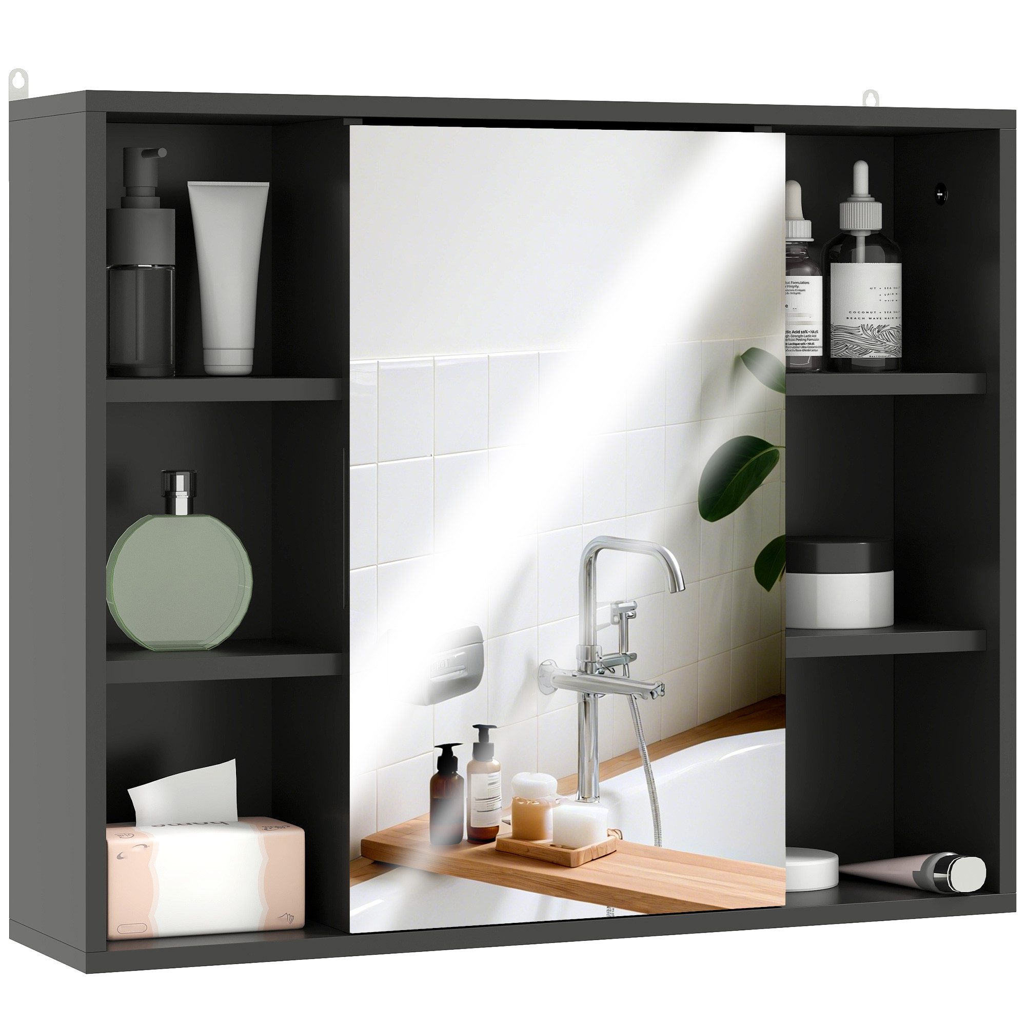 BAYMATE Spiegelschrank Badezimmerschrank mit Spiegel, Schrank (mit Türen und 6 offenen Fächern, 60 x 14,5 x 49,4 cm, schwarz)