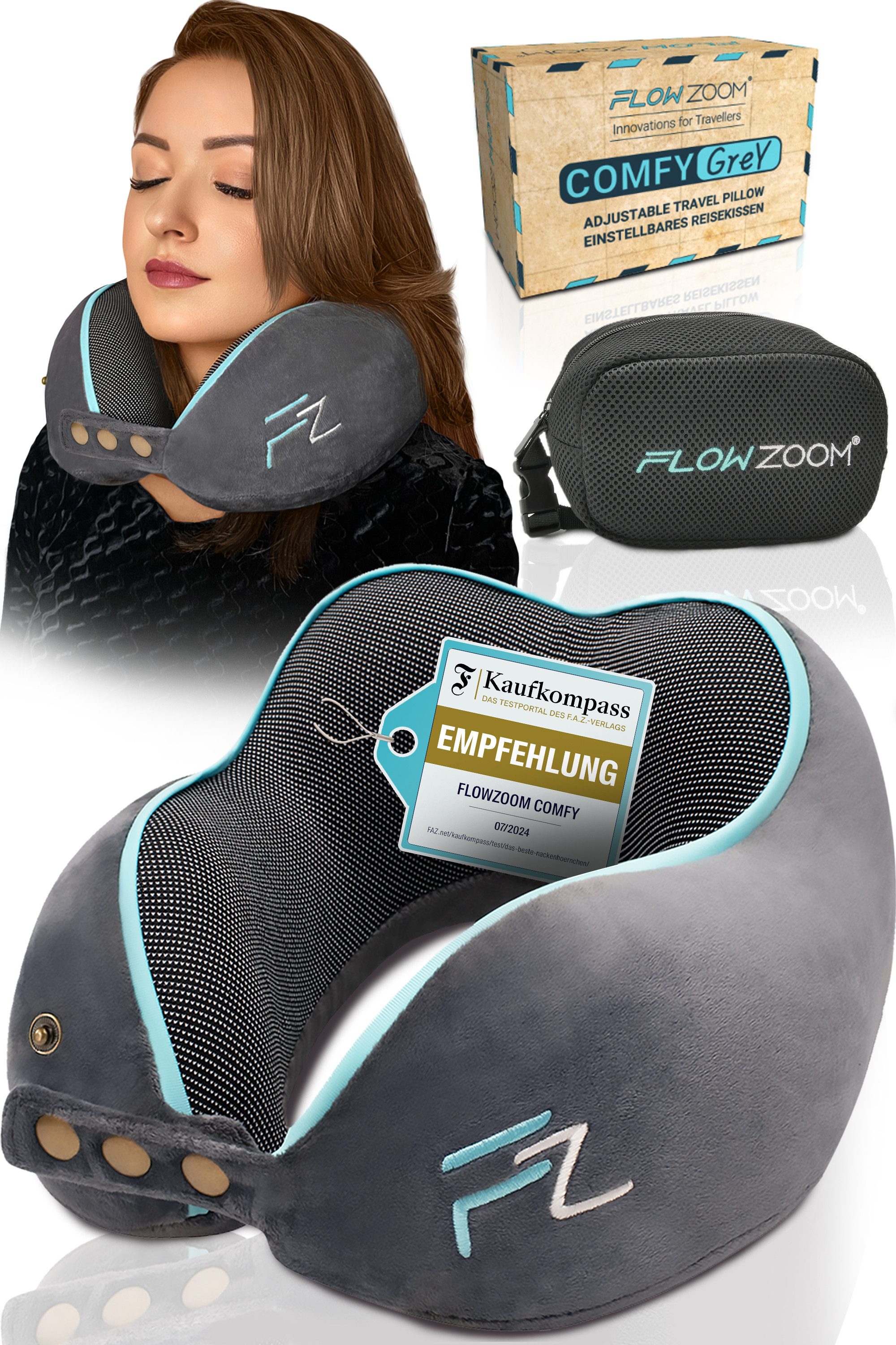 FLOWZOOM Шея белка COMFY - Подушки для шеи Flugzeug - Reisekissen aus Memoryschaum, Шея белка für Erwachsene - Подушки для шеи Reisen - verstellbar