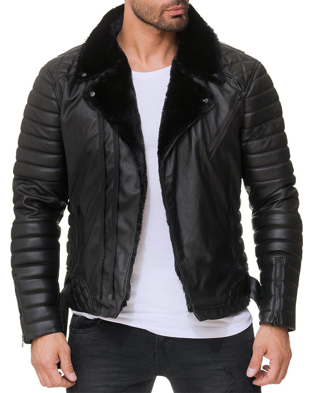 Reichstadt Bikerjacke Herren Kunstleder Jacke RS008 gefüttert mit Steppmustern