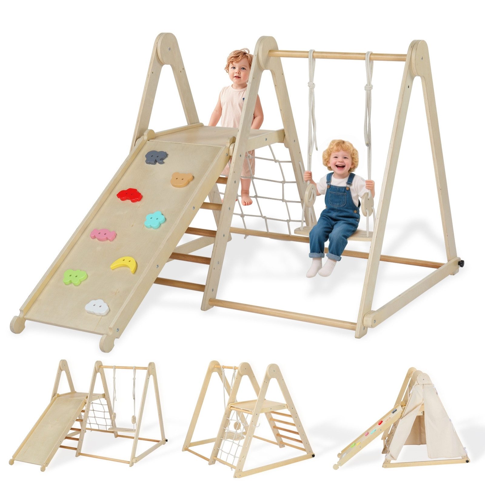 LALAHO Klettergerüst 7-in-1 Kletterdreieck Kletterwand mit Rutschbahn, Schaukel, Leiter, Kletternetz und Ringe, Indoor-Spielplatz Spielset