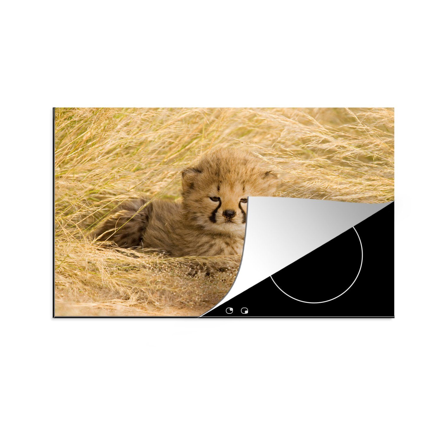 MuchoWow Herdblende-/Abdeckplatte Gepard - Jung - Gras, Vinyl, (1 tlg), 81x52 cm, Induktionskochfeld Schutz für die küche, Ceranfeldabdeckung | Herdabdeckplatten