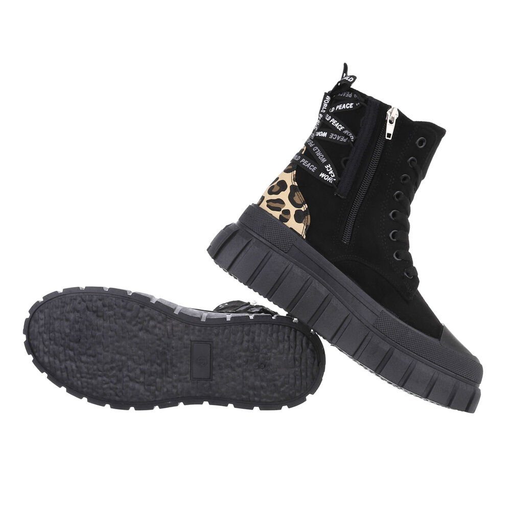 Ital-Design Damen Schnürschuhe Freizeit Schnürstiefelette Flach Sneakers High in Schwarz