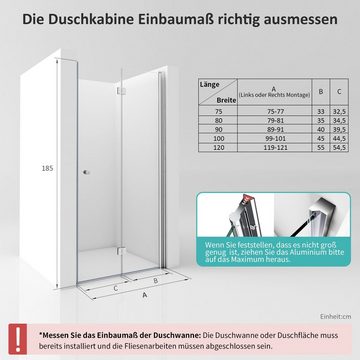 Boromal Dusch-Drehtür Nischentür Dusche 70-120cm Duschtür Faltbar Nische Glastür, 75x185 cm, Sicherheitsglas, 6mm ESG Glas Duschwand Duschabtrennung
