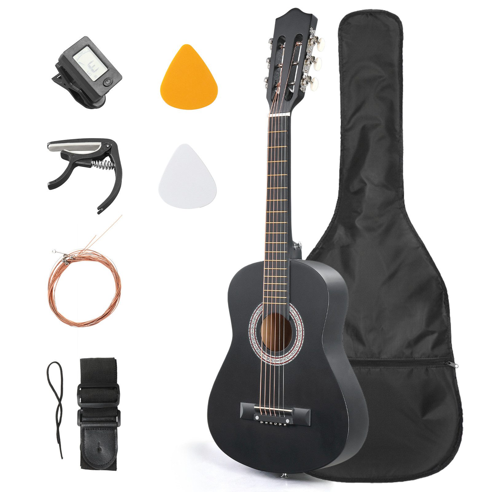 LALAHO Akustikgitarre Konzertgitarre 30 Zoll-mit Hochglanz & Stimmgerät für Einsteiger, Set inkl. Tasche, Ersatzsaiten, Gurt und Plektren
