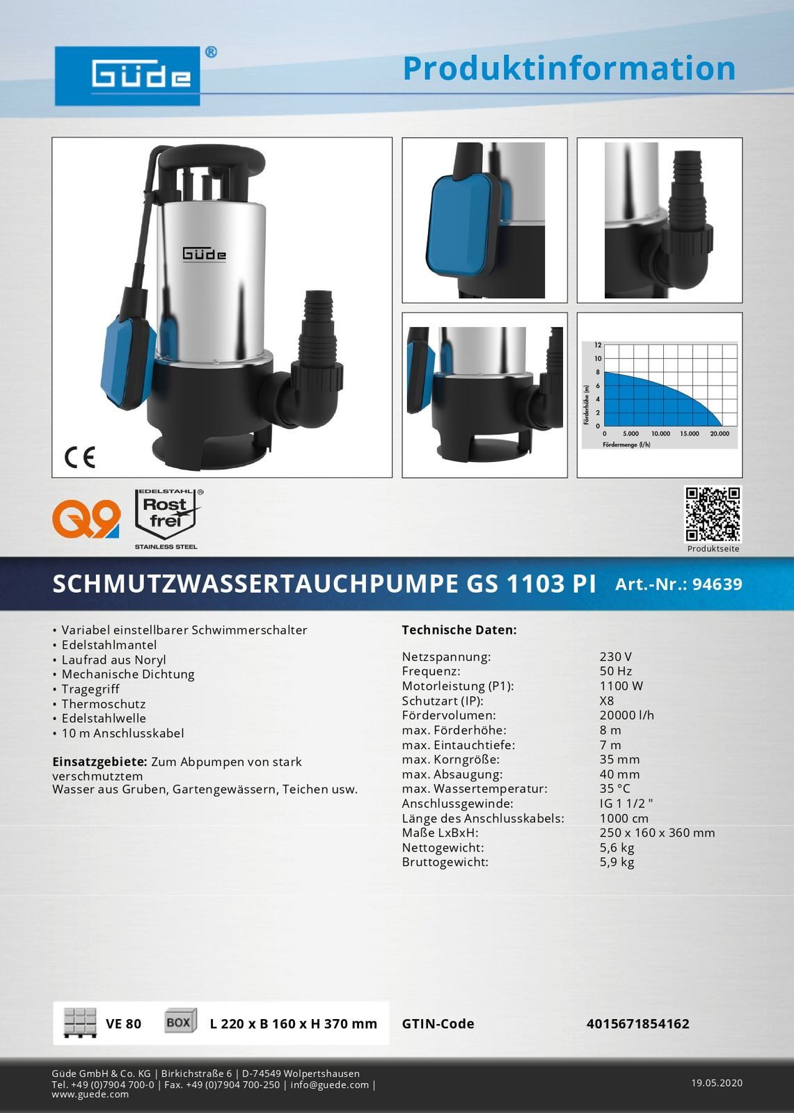 Güde Schutzwasserpumpe GS 1103 PI, 1100 W, 20000 l/h, 35 mm Partikelgröße, Edelstahl, robust – Bild 3 von 3