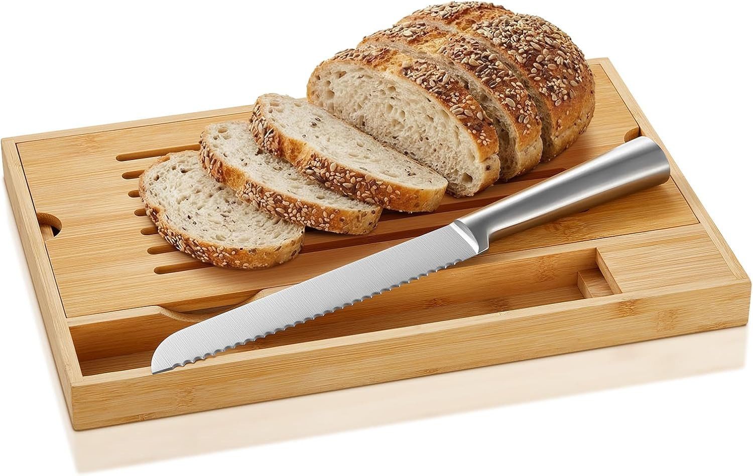 FOHERE Brotschneidebrett mit Messerhalter (inklusive Brotmesser) und Krümelschublade, Naturbambus, (1-St), 33.5 x 24.8 cm, geeignet zum Schneiden aller Brotsorten