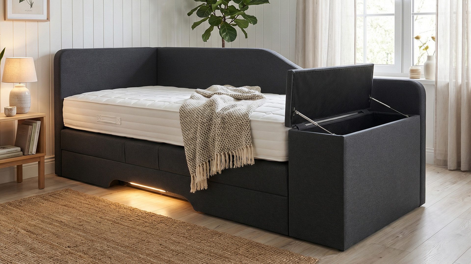 PAARA Boxspringbett mit Bettkasten und LED Beleuchtung, inkl. Matratze, mit einzigartigem Belüftungssystem