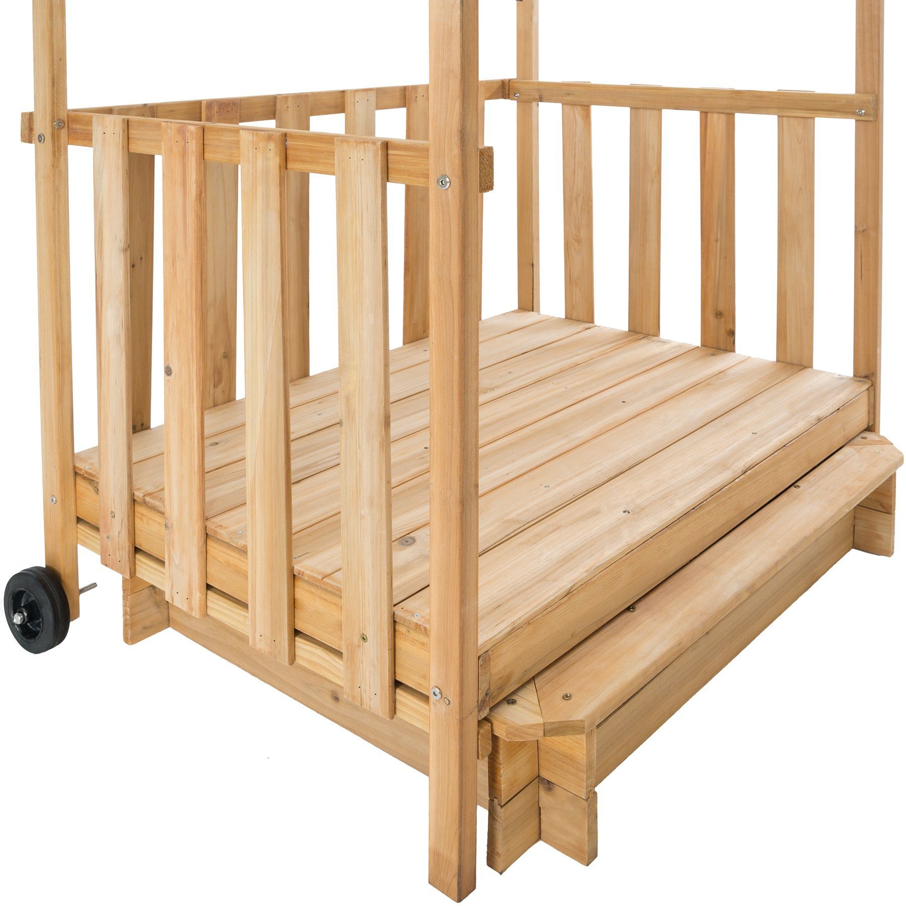 tectake Sandkasten Holzsandkasten, 106 x 105 x 137 cm, mit Sitzflächen und Sonnendach, (Sandkiste Gretchen, in grün), Aus Holz, Veranda mit Geländer und mit Transportrollen ausgestattet
