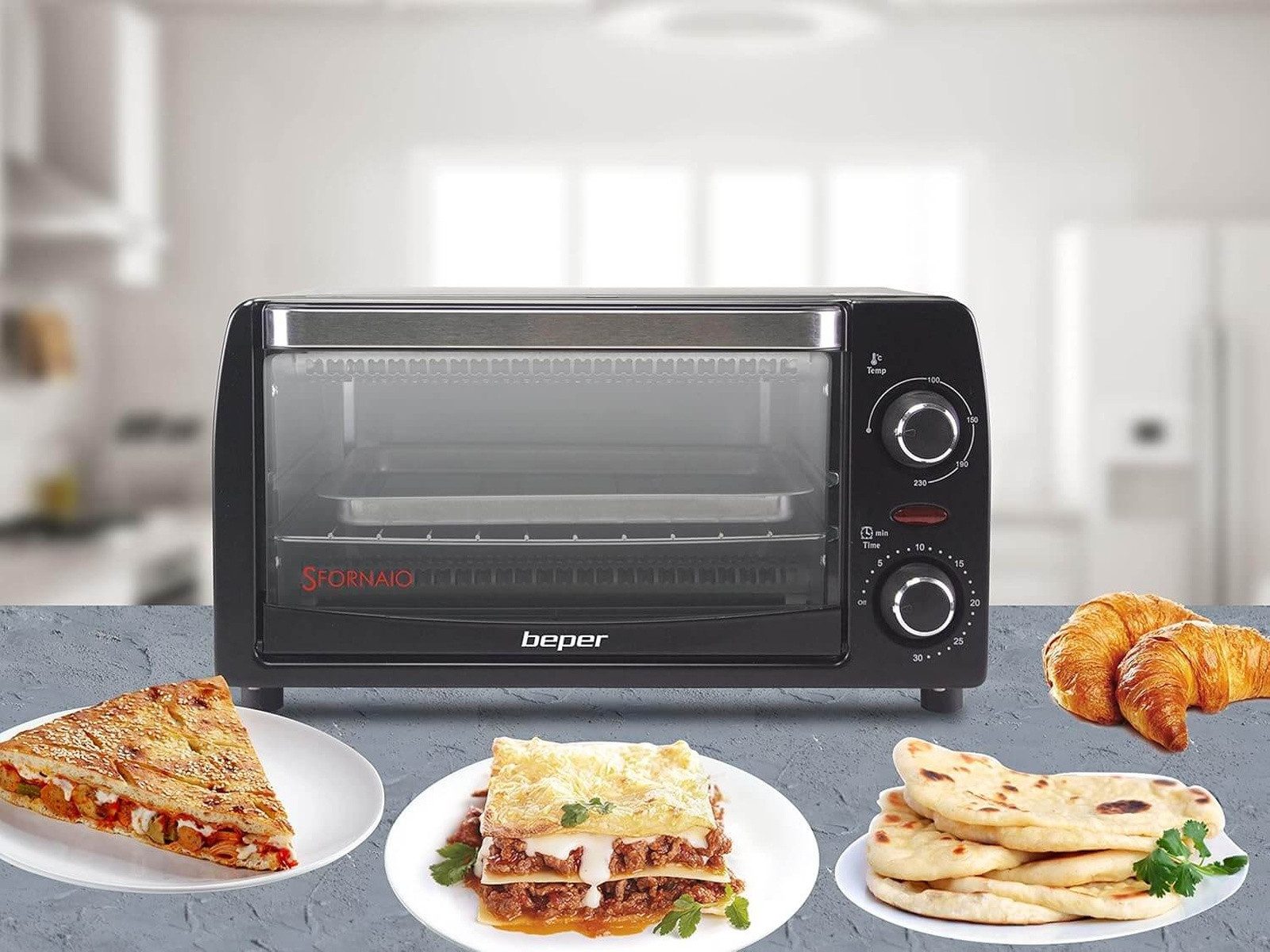 Beper Minibackofen Mini-Backofen 12 L, 1050 W, Timer & Temperatur bis 230 °C, 1050 W für schnelles Garen, Überbacken oder Aufwärmen.