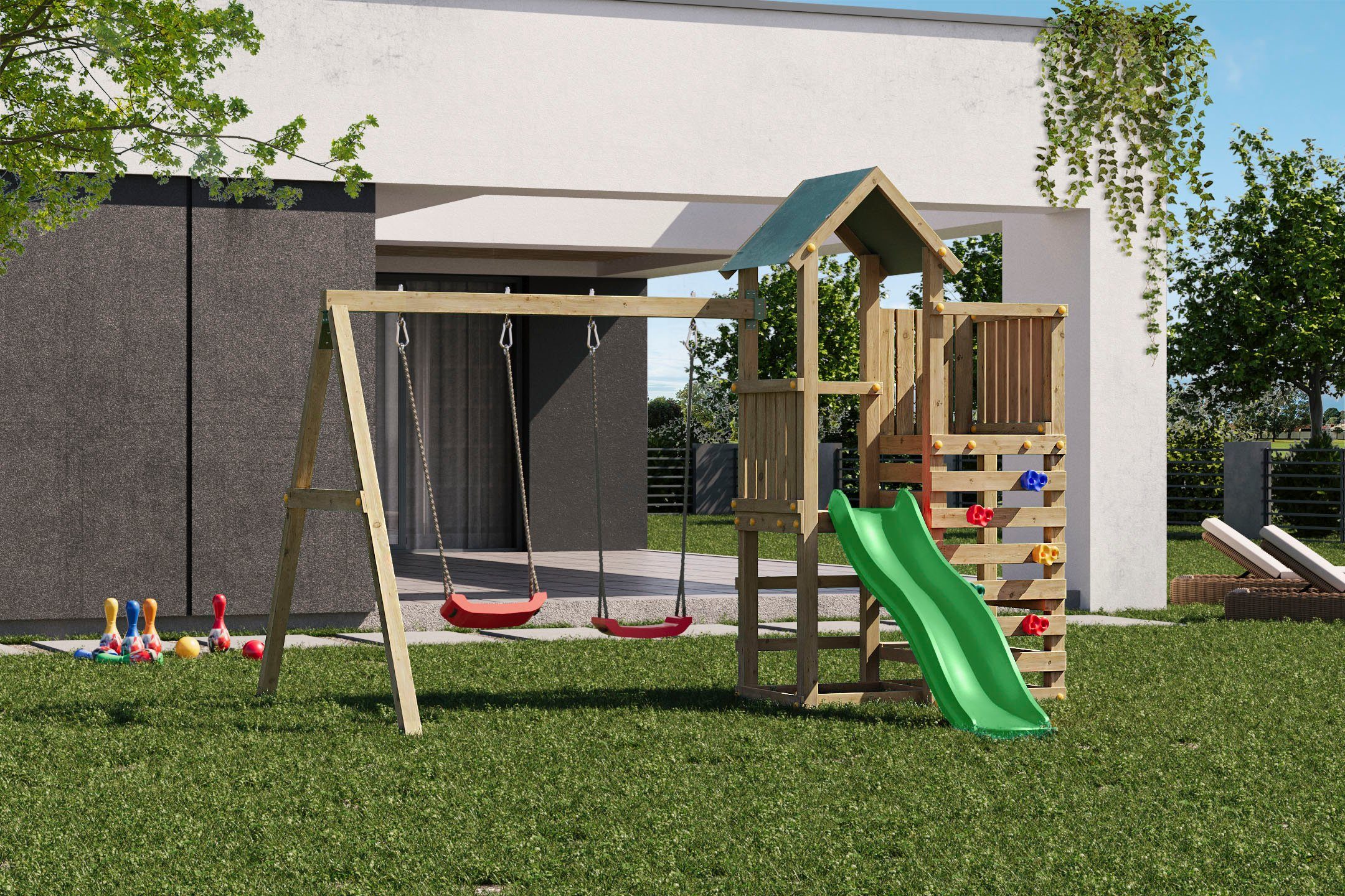 FUNGOO Spielturm Chester, mit Schaukel & Rutsche