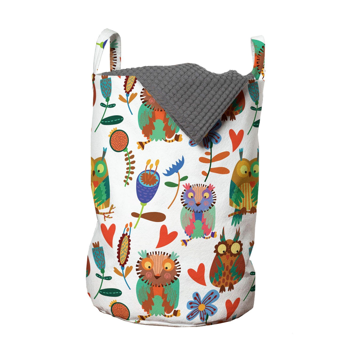 Abakuhaus Wäschesäckchen Wäschekorb mit Griffen Kordelzugverschluss für Waschsalons, Eulen Fröhlich Vögel Blumen