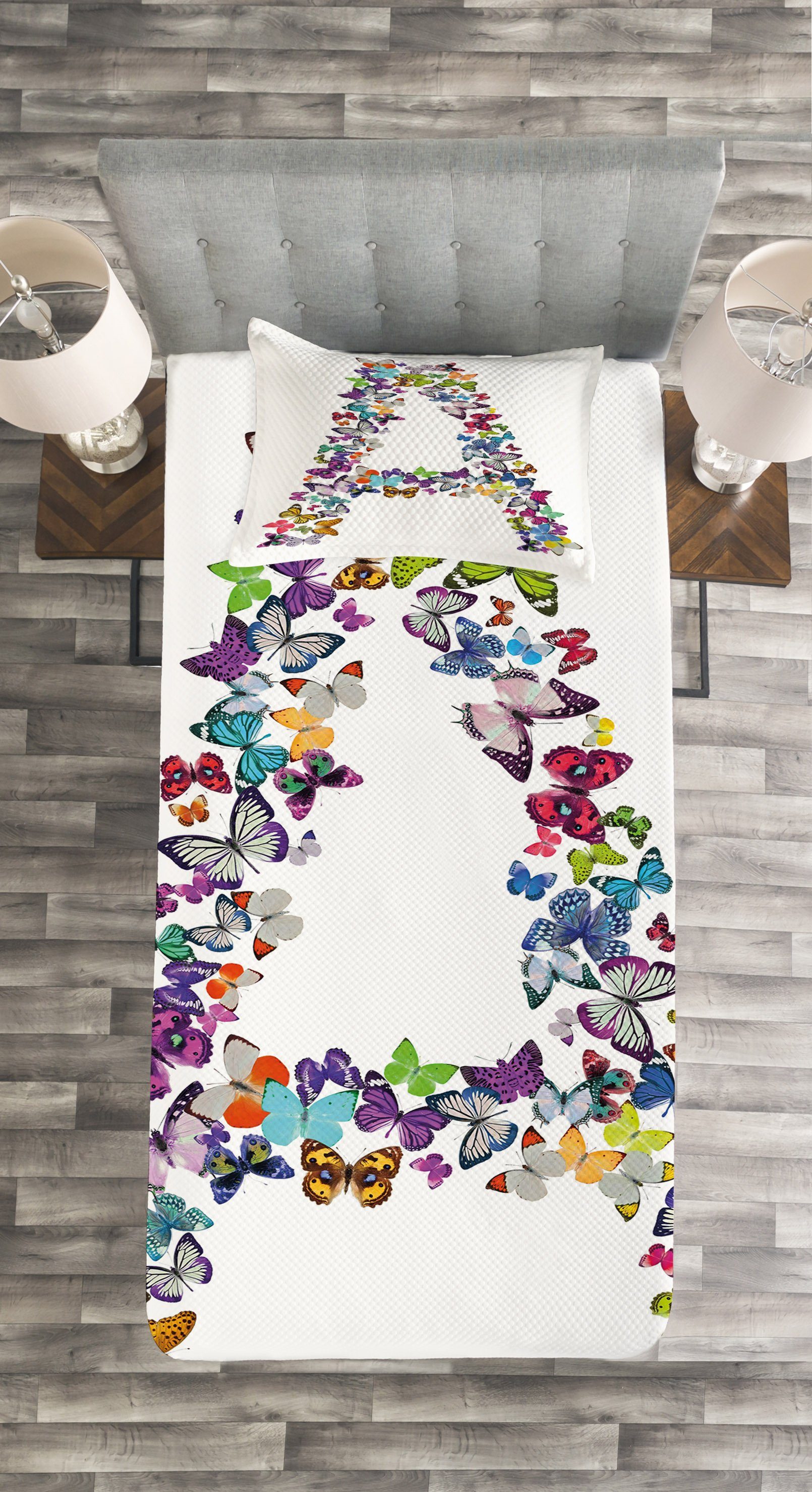 Tagesdecke Set Schmetterling a Buchstabe Kissenbezügen Abakuhaus, Waschbar, mit Schriftstil