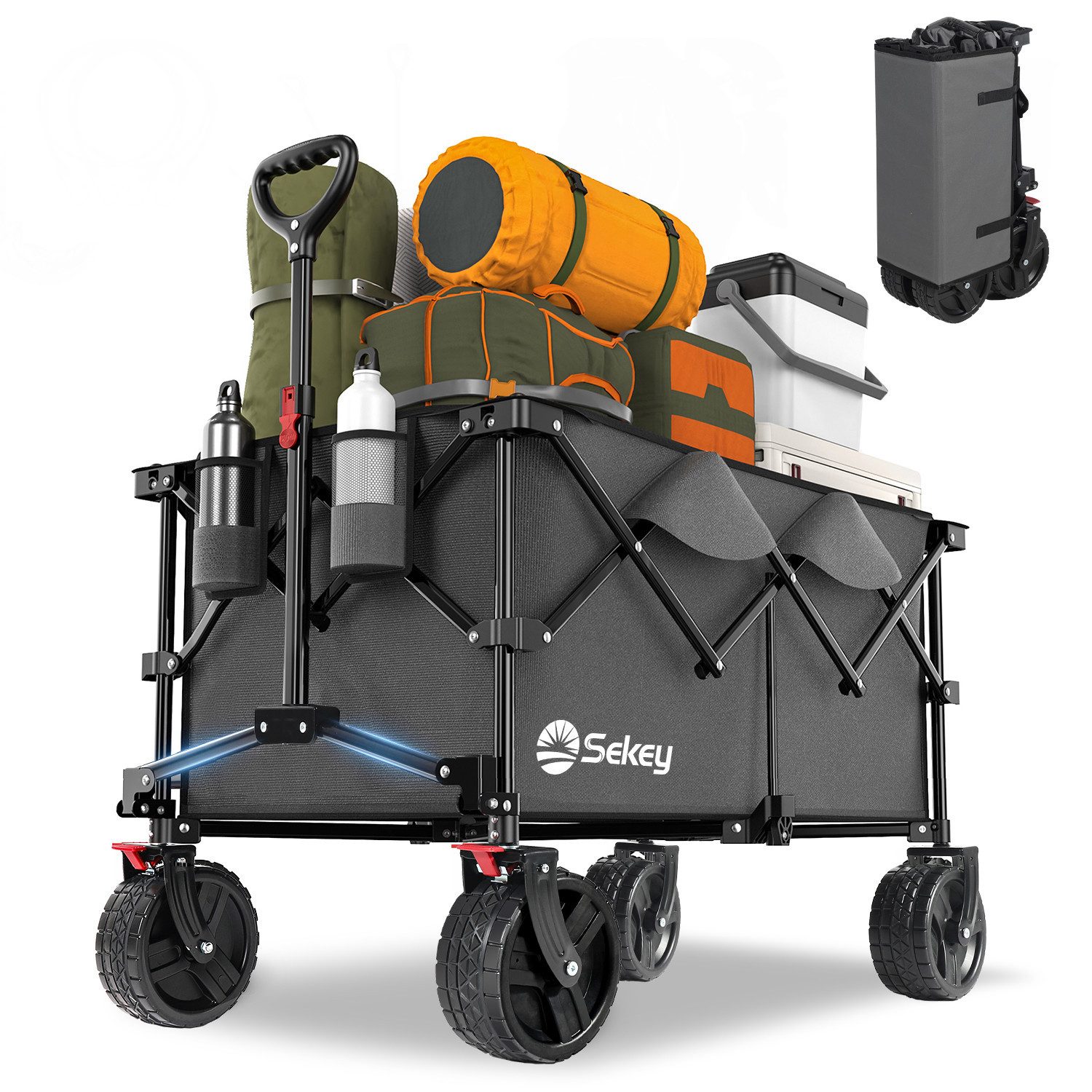Sekey Bollerwagen Faltbarer Bollerwagen bis 200kg Handwagen Breite Reifen Alle Gelände, Ultrakompakte Faltgröße, mit einer Hand faltbar, 200L 200 KG belastbar