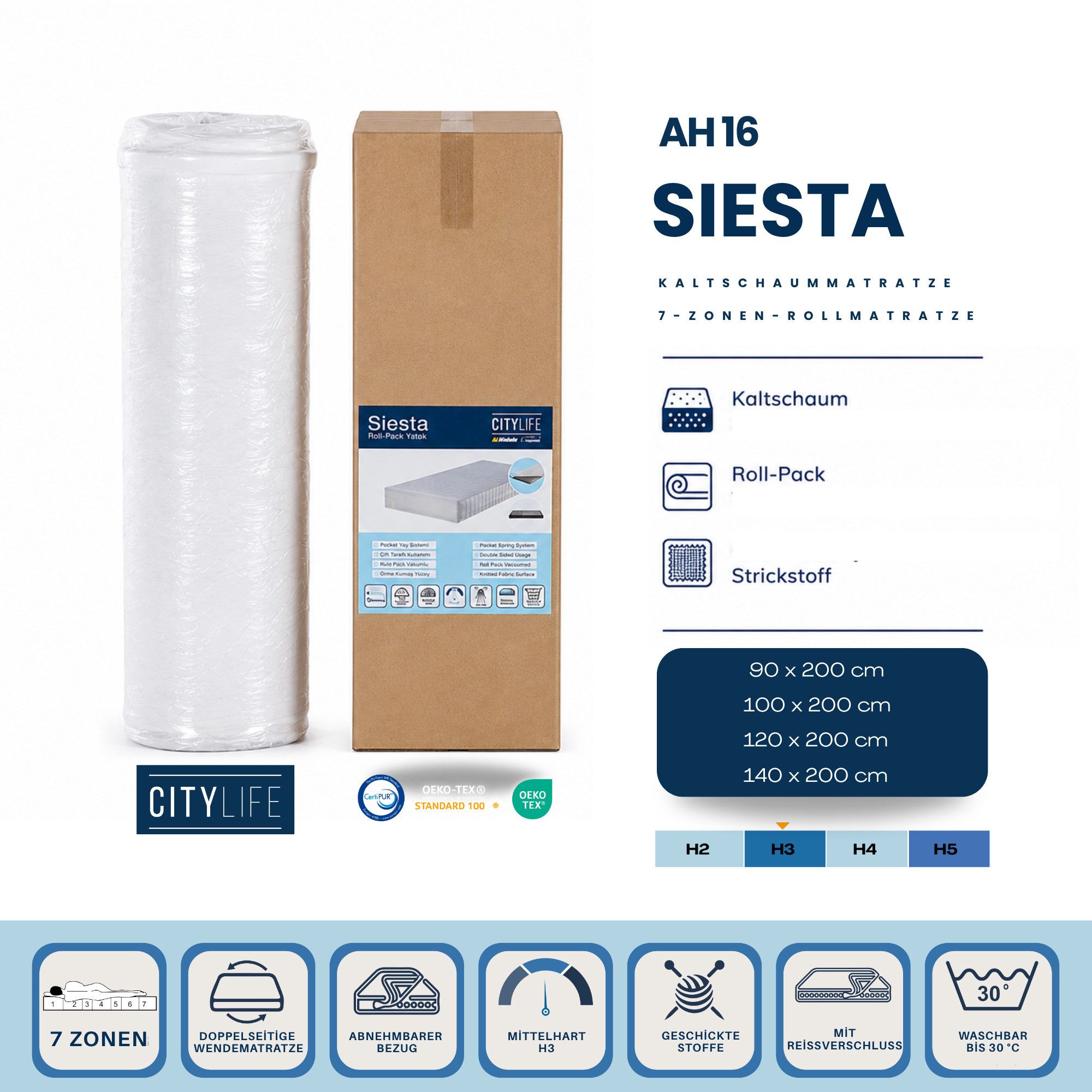 Kaltschaummatratze AH16 SIESTA Kaltschaummatratze, 16 cm höhe, 7 Zonen, H3, ARGAHOME, 16 cm hoch