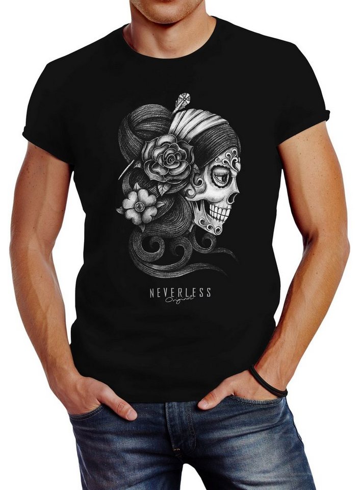Neverless Print-Shirt Herren T-Shirt Santa Muerte La catrina Mexican Skull Dia de los mit Print