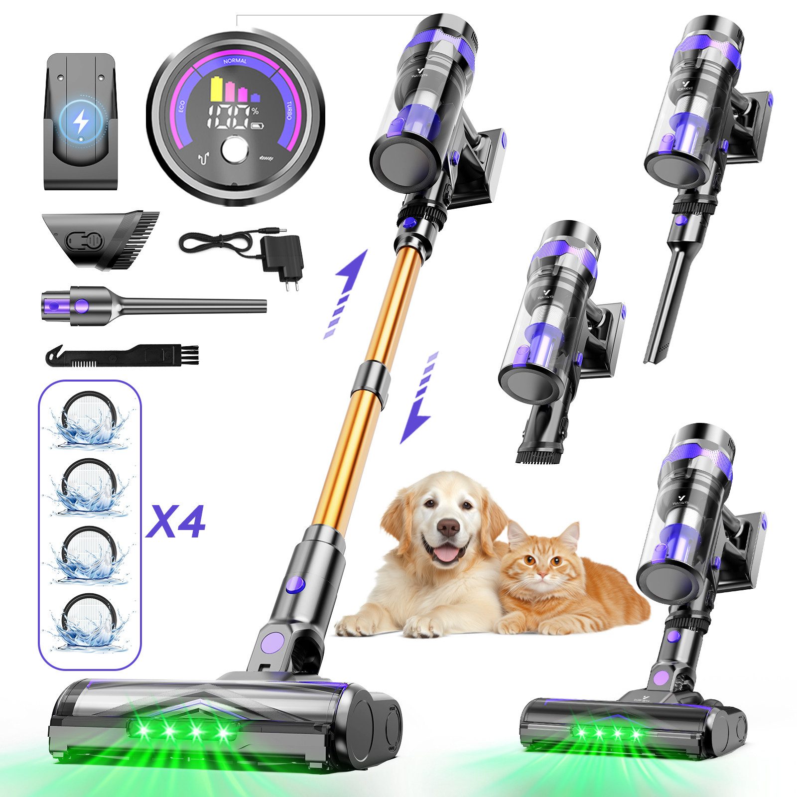 Vortisys Akku-Hand-und Stielstaubsauger 80000Pa Staubsauger Kabellos, 500W/60Min Akkustaubsauger, beutellos, Staubsauger mit LED Display, GreenEye-Technologie, HEPA-Filtersystem & Anti-Verfilzungs-Walzenbürste, Für Böden,Teppich,Tierhaare