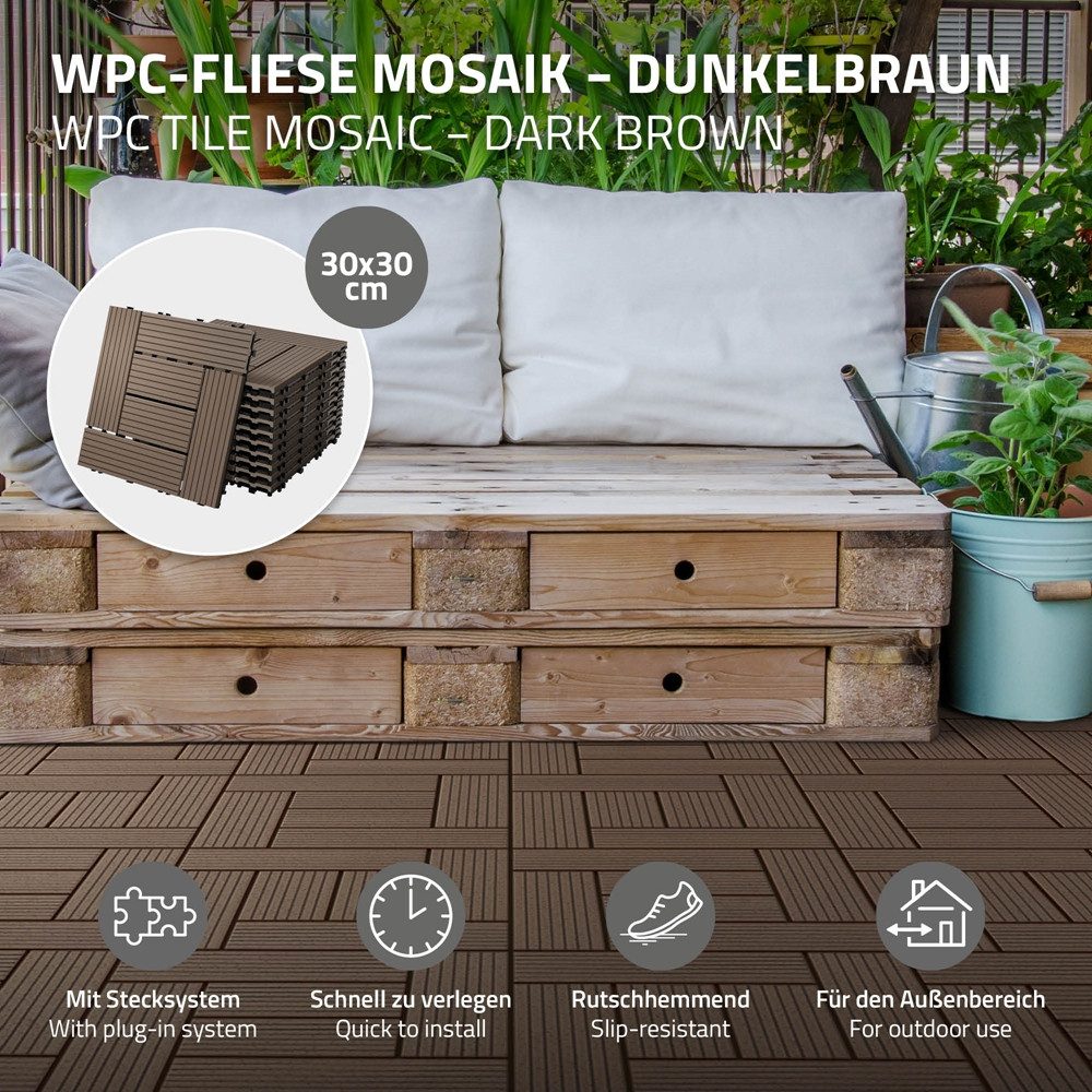 ECD Germany Terrassendielen WPC Bodenplatte Terrassenfliesen Fliesen mit Drainage und Klicksystem, BxL: je 30x30 cm, 22 mm Stärke, Bodenbelag 1m²/11 Stück Dunkelbraun rutschfest Balkonfliesen