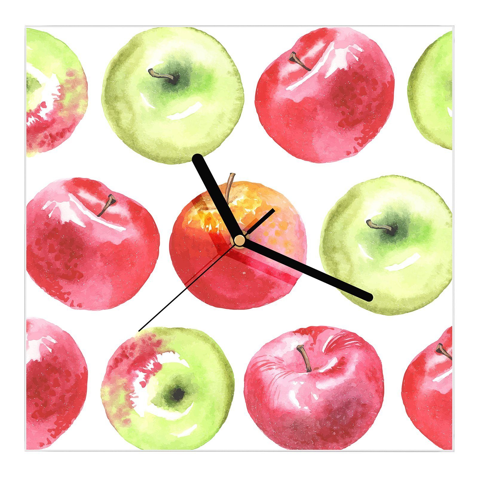 Primedeco Wanduhr Glasuhr Wanduhr Wandkunst Größe 30 x 30 cm mit Motiv Aquarell Äpfel Muster