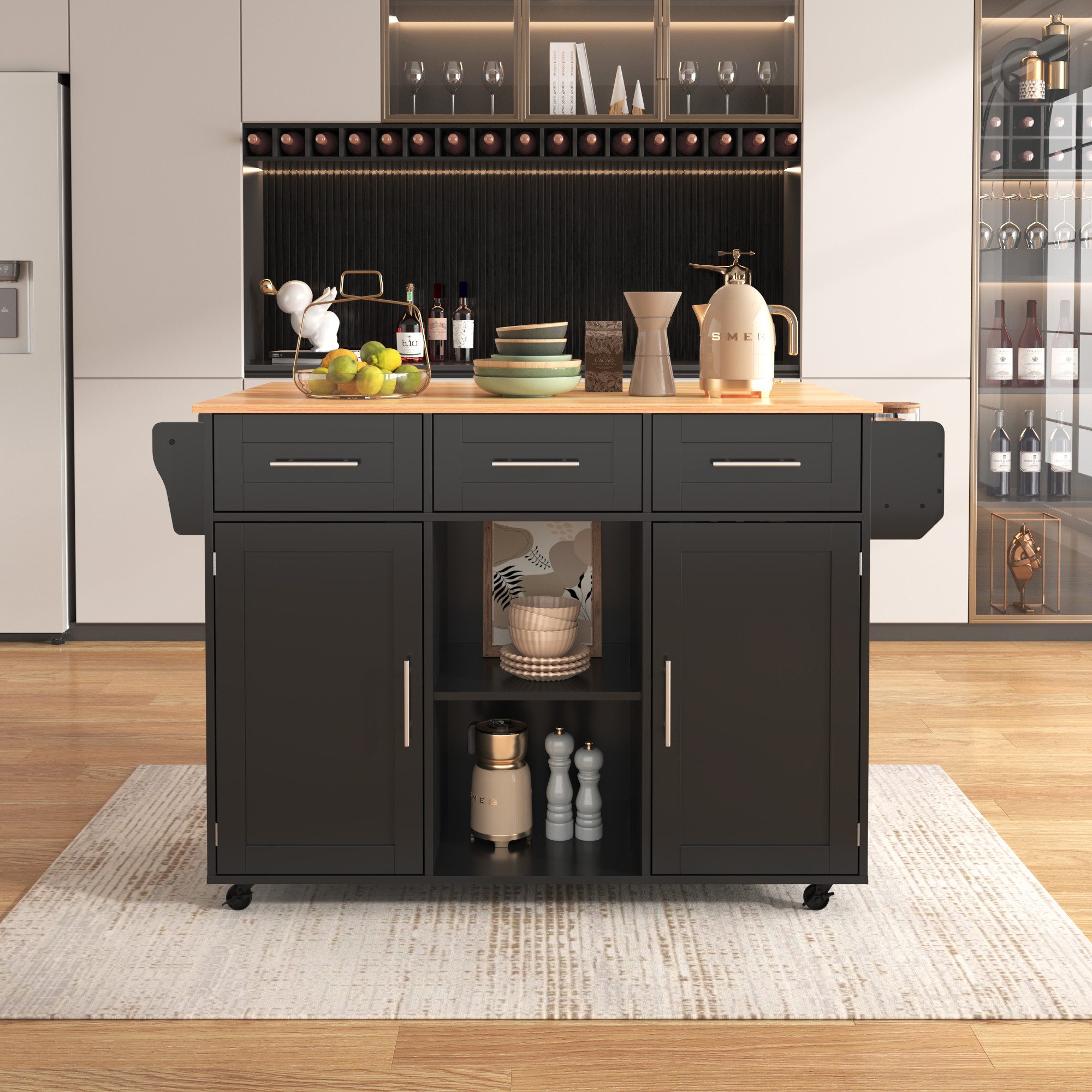 Flieks Küchenwagen mit erweiterbarer Arbeitsplatte, Rollen & Massivholzbeine austauschbar, (139x46(71)x91,5 cm, 1 St), Kücheninsel Buffetschrank Servierwagen mit verstellbare Ablagen