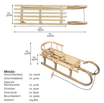 BambiniWelt by Rafael K. Schlitten Hörnerrodel Holzschlitten Hornschlitten mit Rückenlehne + Zugseil