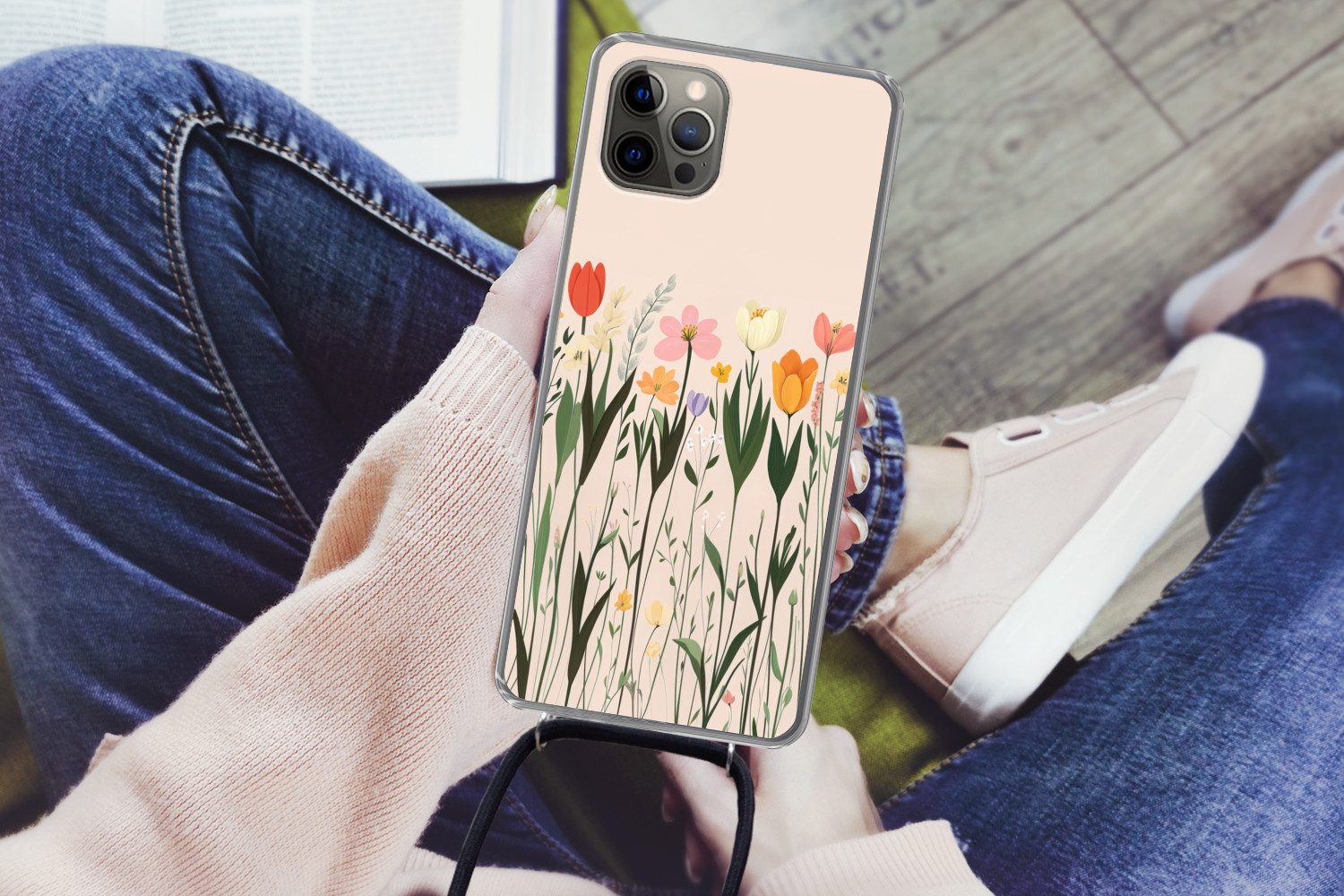 MuchoWow Handyhülle für Apple iPhone 13 Pro Pastelltöne - Blumen - Illustration, Tragbare Handyhüllen mit Kette zum umhängen, Handykette Handyband