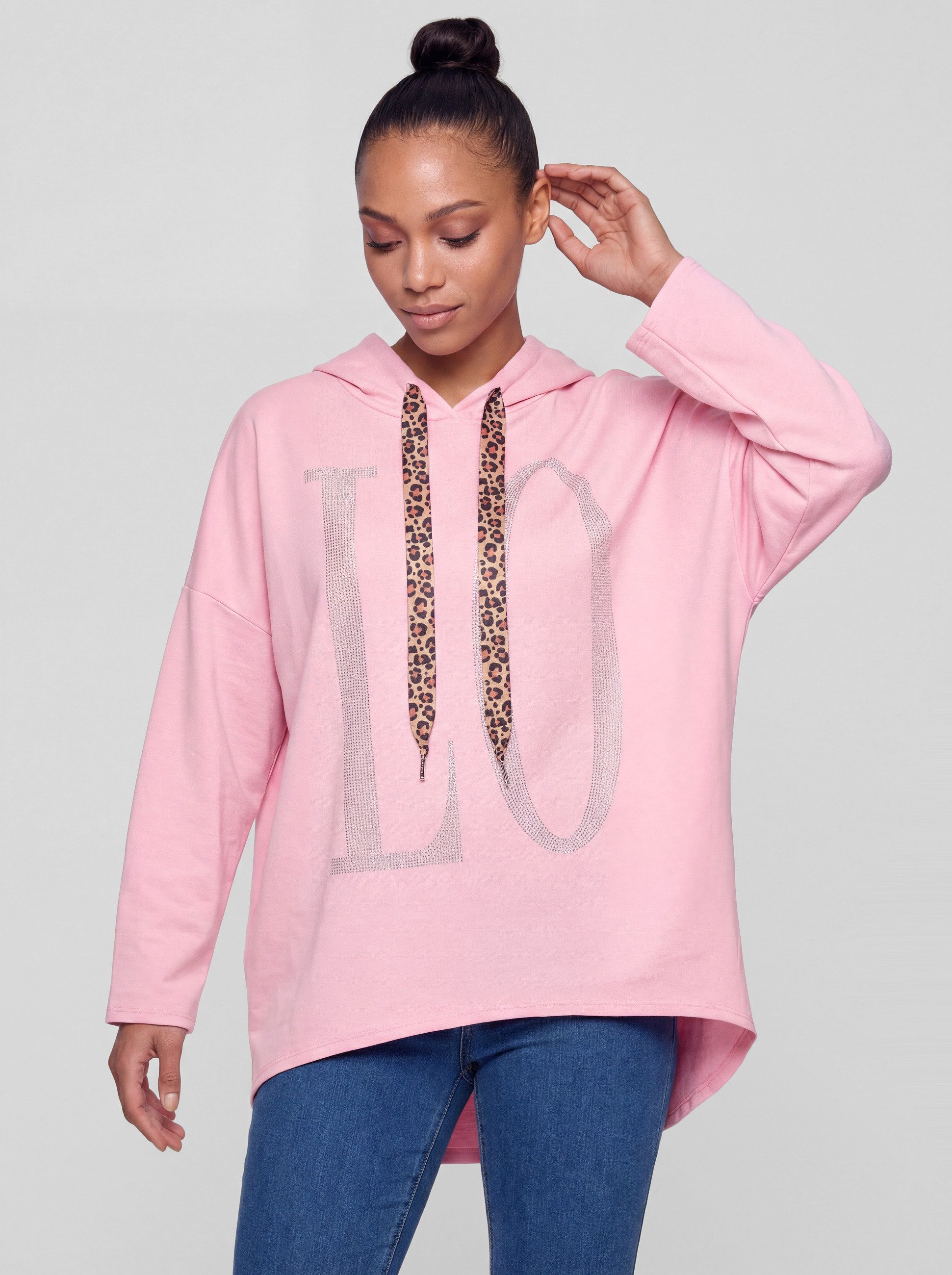 PEKIVESSA Hoodie Oversize Jersey Kapuzensweatshirt LOVE mit coolem Band im Leo-Muster
